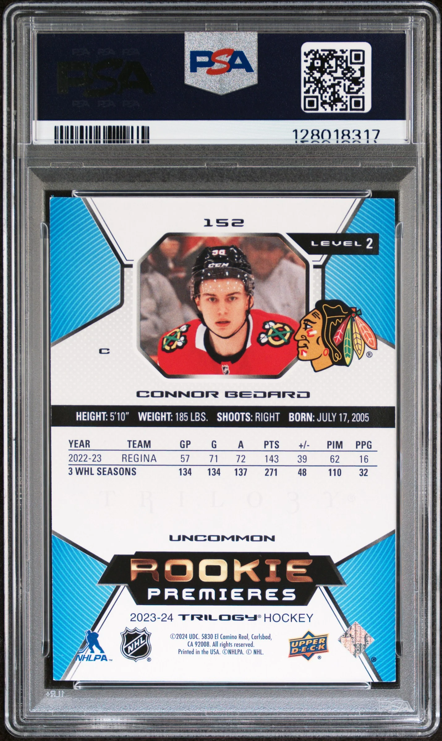 2023 Upper Deck Trilogy Connor Bedard #152 /699 PSA 8 - Image 2