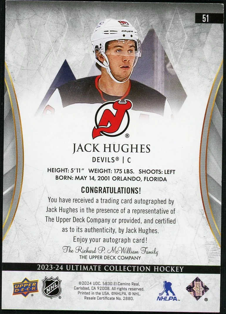 2023 Upper Deck Ultimate Collection 51 Jack Hughes /5 Devils Auto - Image 2