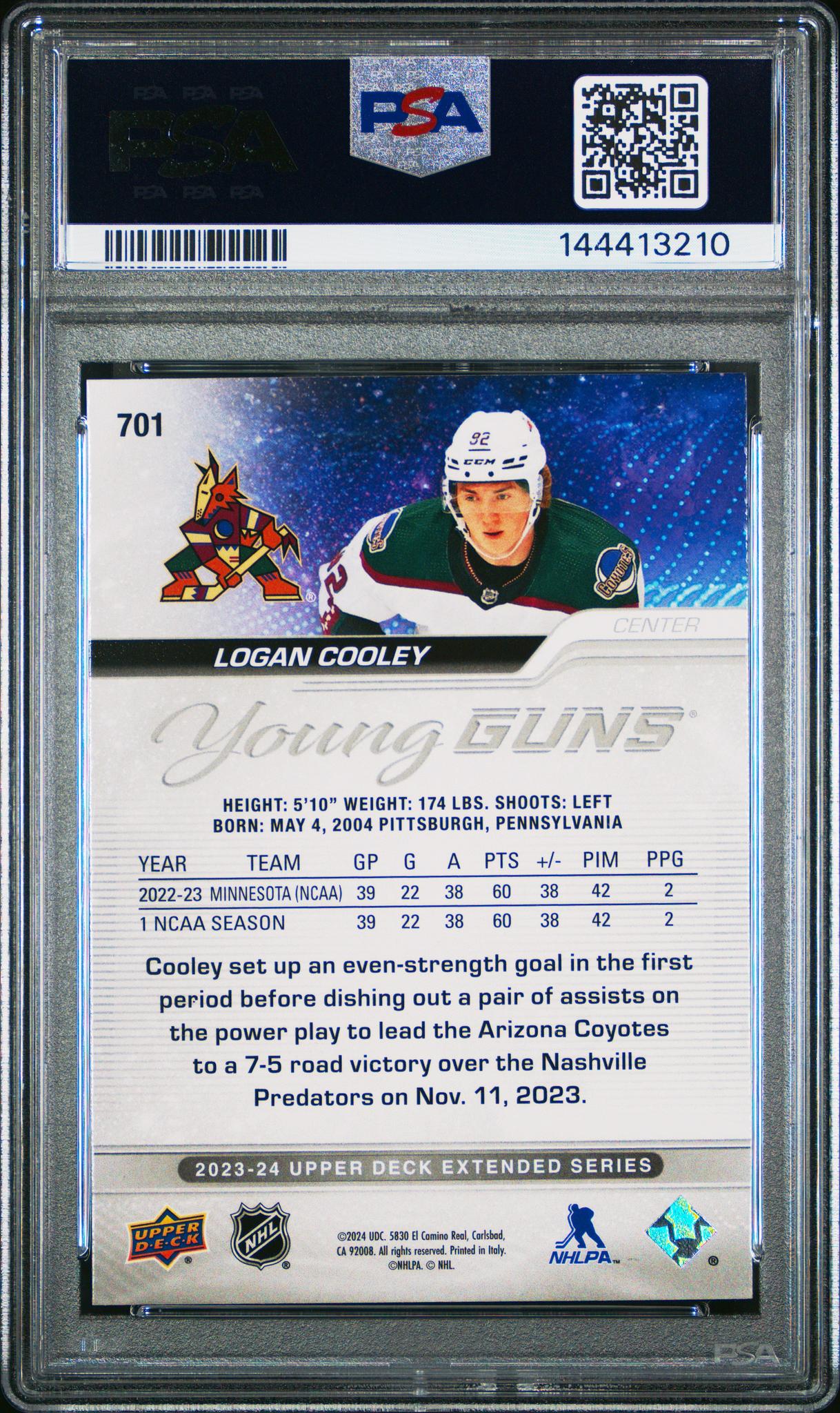 2023 Upper Deck Young Guns Logan Cooley #701 PSA 10 - Image 2