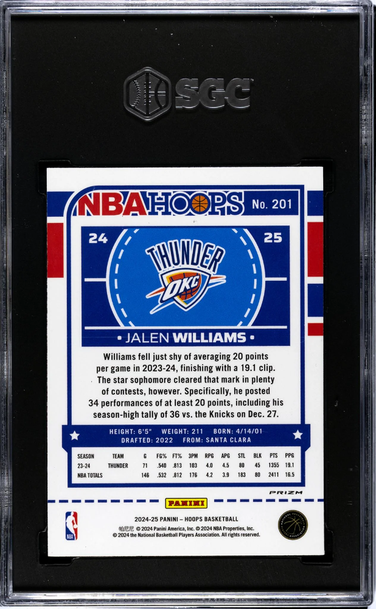 2024-25 Panini Hoops #201 Jalen Williams Premium Green Prizm SGC 10 - Image 2