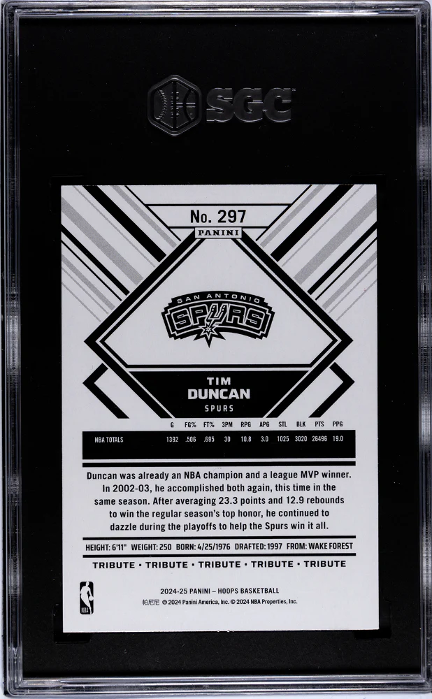 2024-25 Panini Hoops Tribute Tim Duncan #297 SGC 8.5 - Image 2