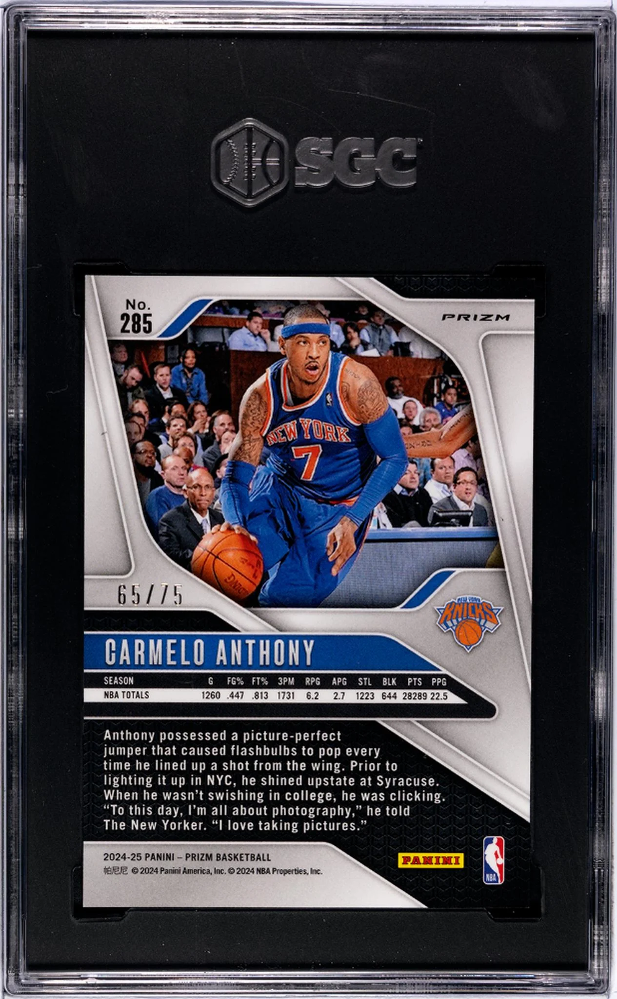 2024-25 Panini Prizm #285 Carmelo Anthony Purple Fast Break Prizm /75 SGC 10 - Image 2