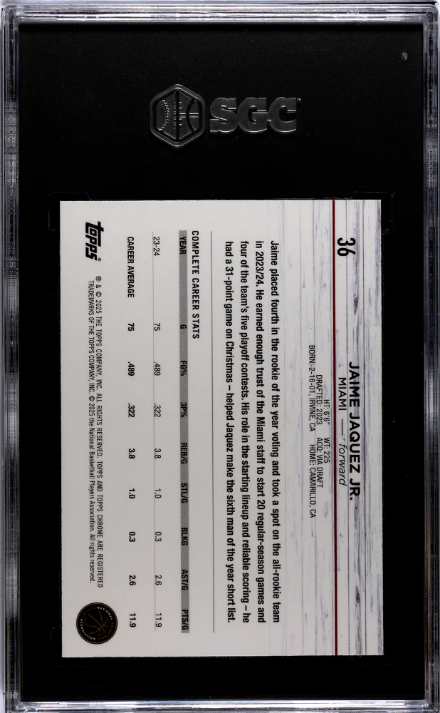 2024-25 Topps Chrome #36 Jaime Jaquez Jr. Purple Refractor SGC 10 - Image 2
