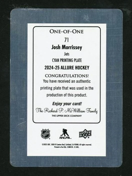 2024-25 Upper Deck Allure Cyan Printing Plate Josh Morrissey #71 1/1 - Image 2