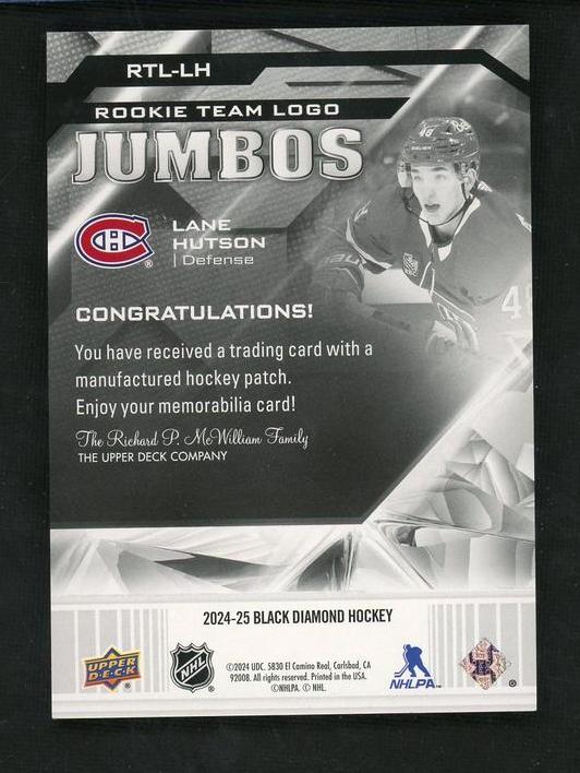 2024-25 Upper Deck Black Diamond Rookie Team Logo Jumbos Lane Hutson #RTL-LH - Image 2