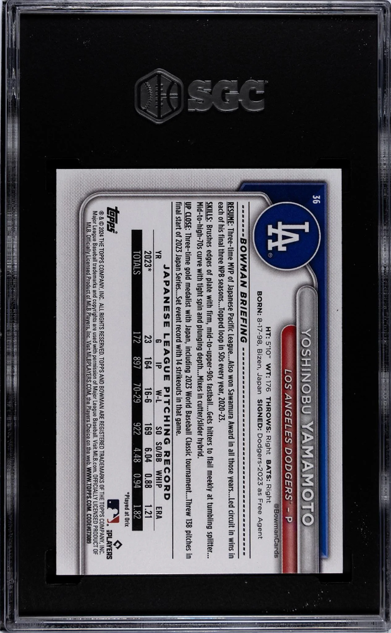 2024 Bowman #36 Yoshinobu Yamamoto SGC 10 - Image 2