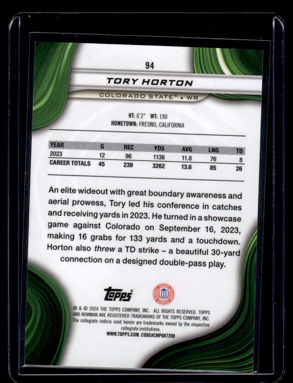 2024 Bowman 94 Tory Horton Bowman's Best Red /150 Colorado State - Image 2