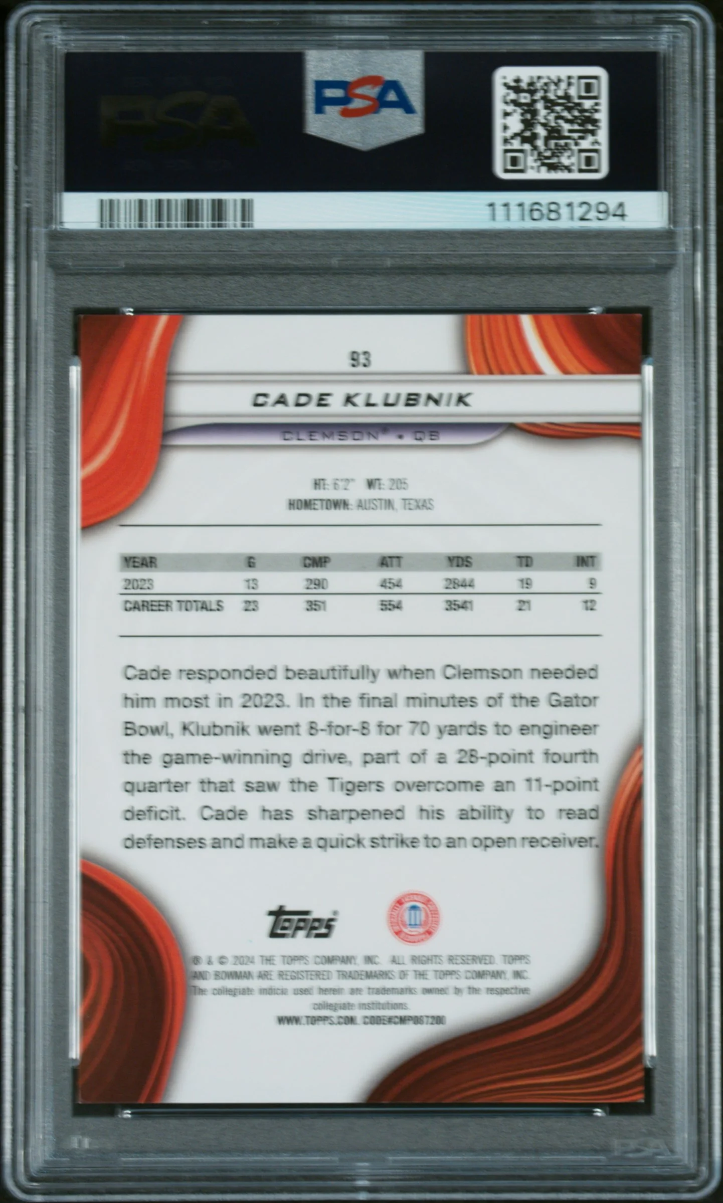 2024 Bowman Best University Aqua Refractor Cade Klubnik #93 /15 PSA 9 - Image 2
