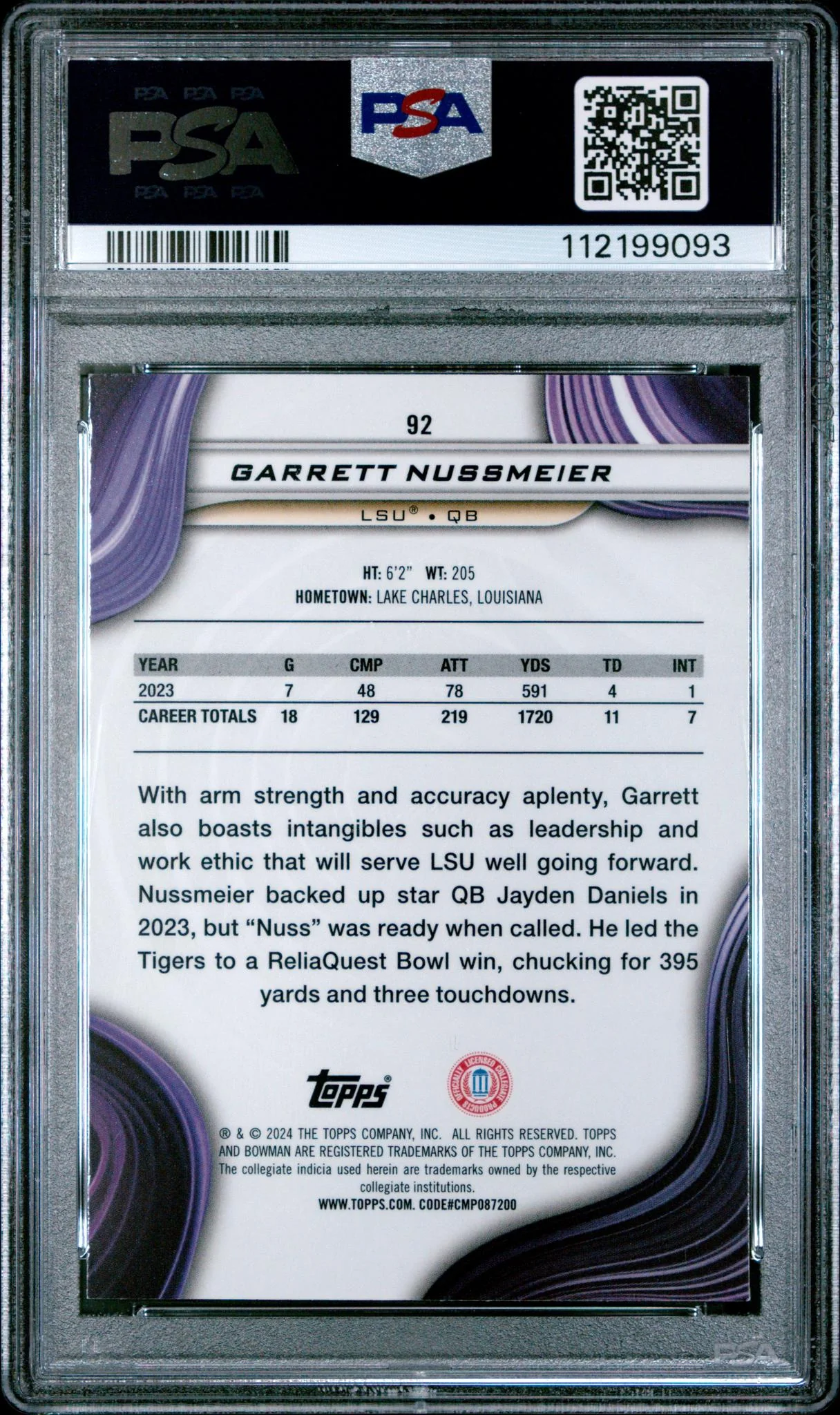 2024 Bowman Best University Purple Refractor Garrett Nussmeier #92 /125 PSA 9 - Image 2