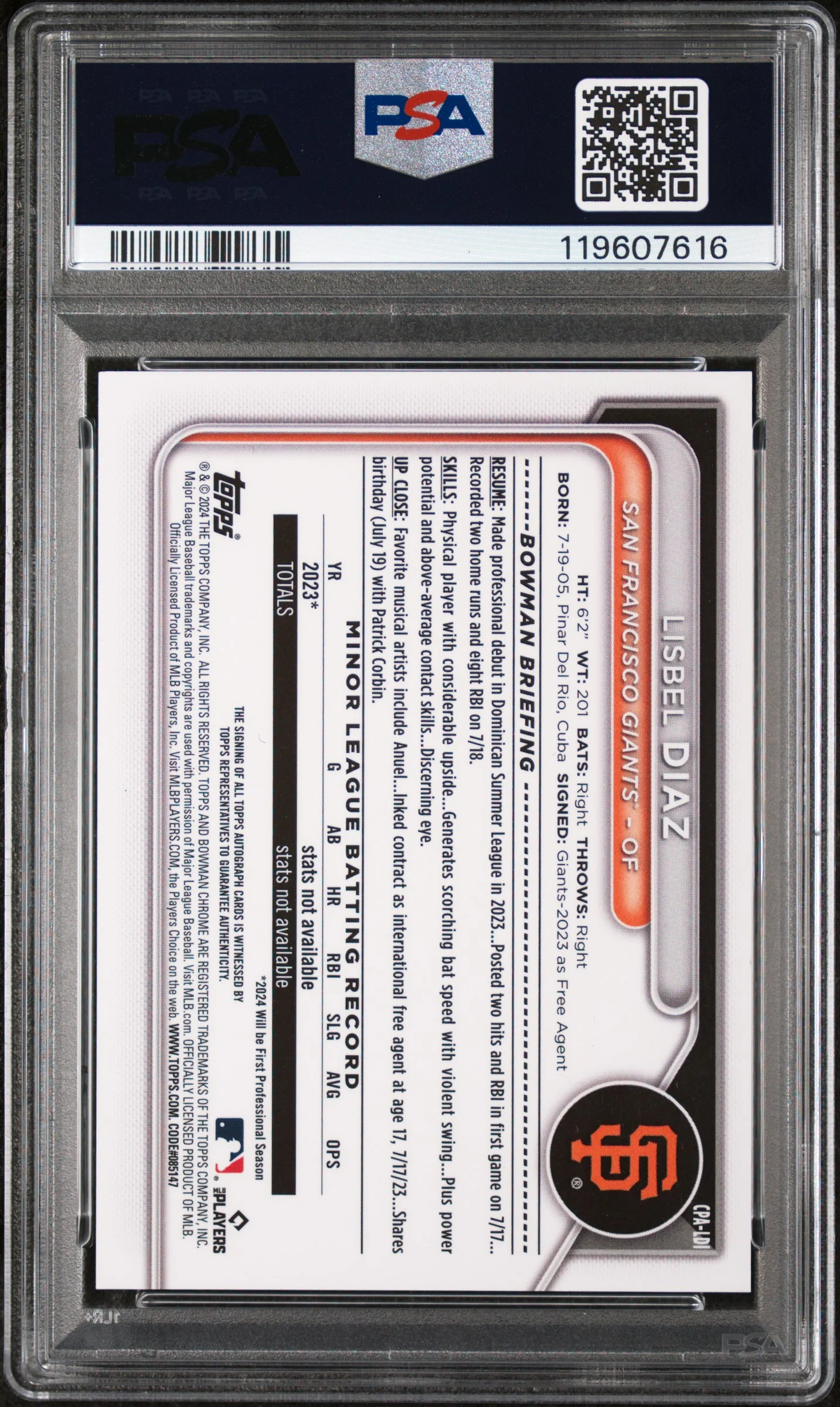 2024 Bowman Chrome Blue RayWave Lisbel Diaz #CPALDI Auto /150 PSA 10 - Image 2
