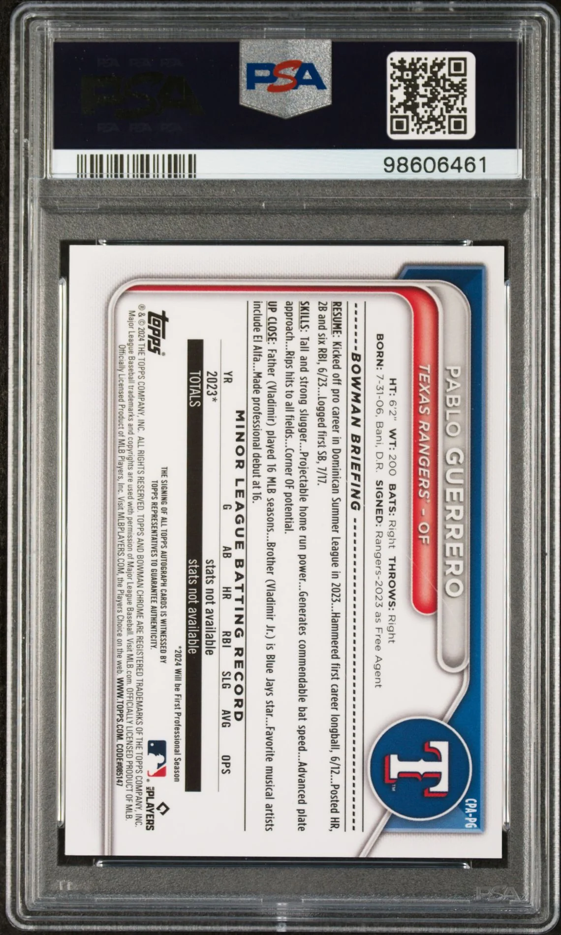 2024 Bowman Chrome Blue RayWave Pablo Guerrero #CPA-PG Auto /150 PSA 9 - Image 2