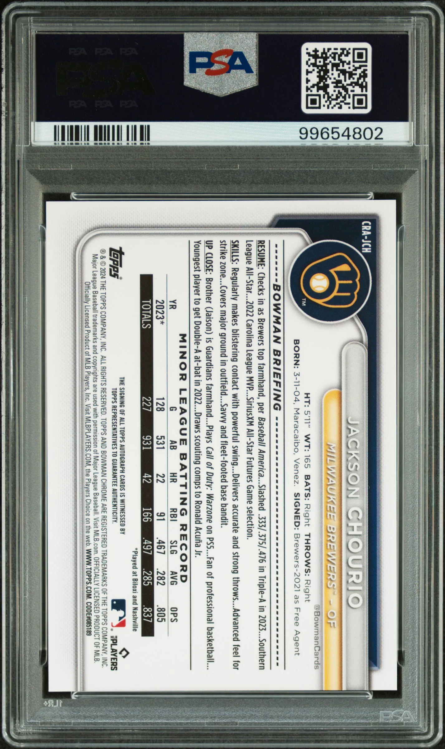 2024 Bowman Chrome Chrome Rookie Autographs Rookie Auto-Blue Refractor Jackson Chourio #CRAJCH /150 PSA 9 - Image 2