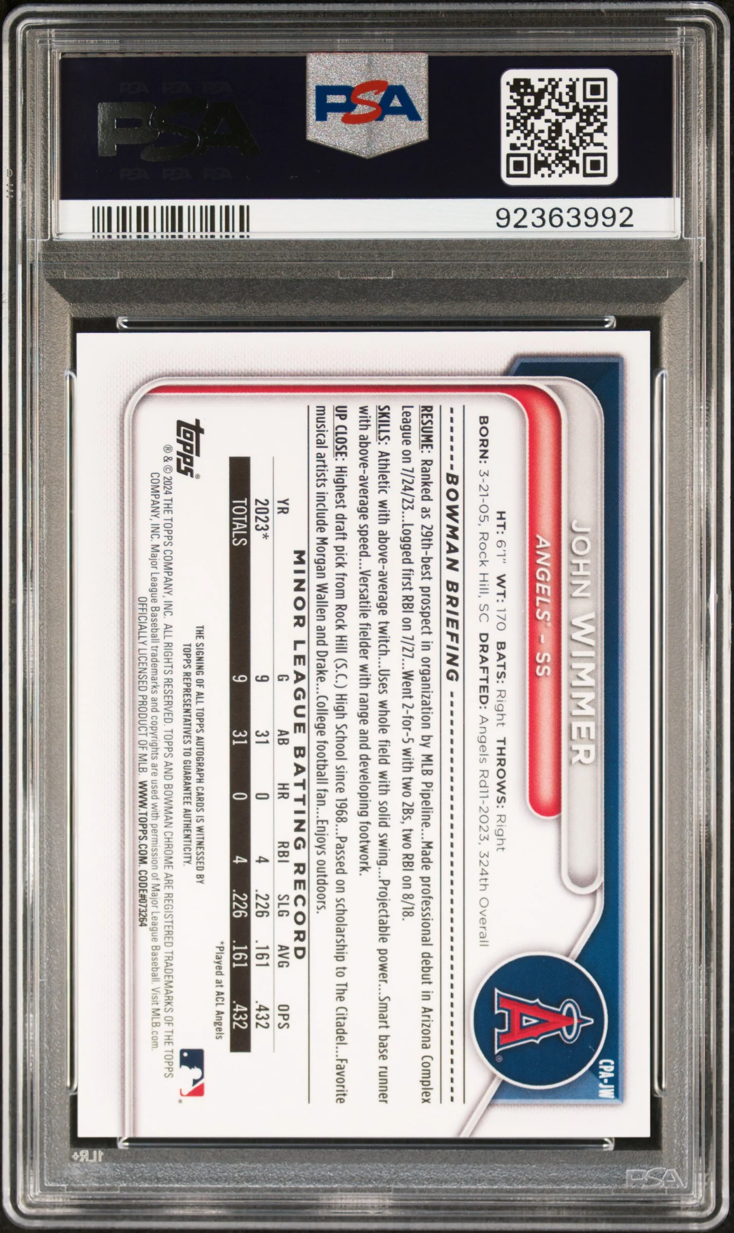 2024 Bowman Chrome Prospect Au-Speckle John Wimmer #CPA-JW /299 PSA 10 - Image 2