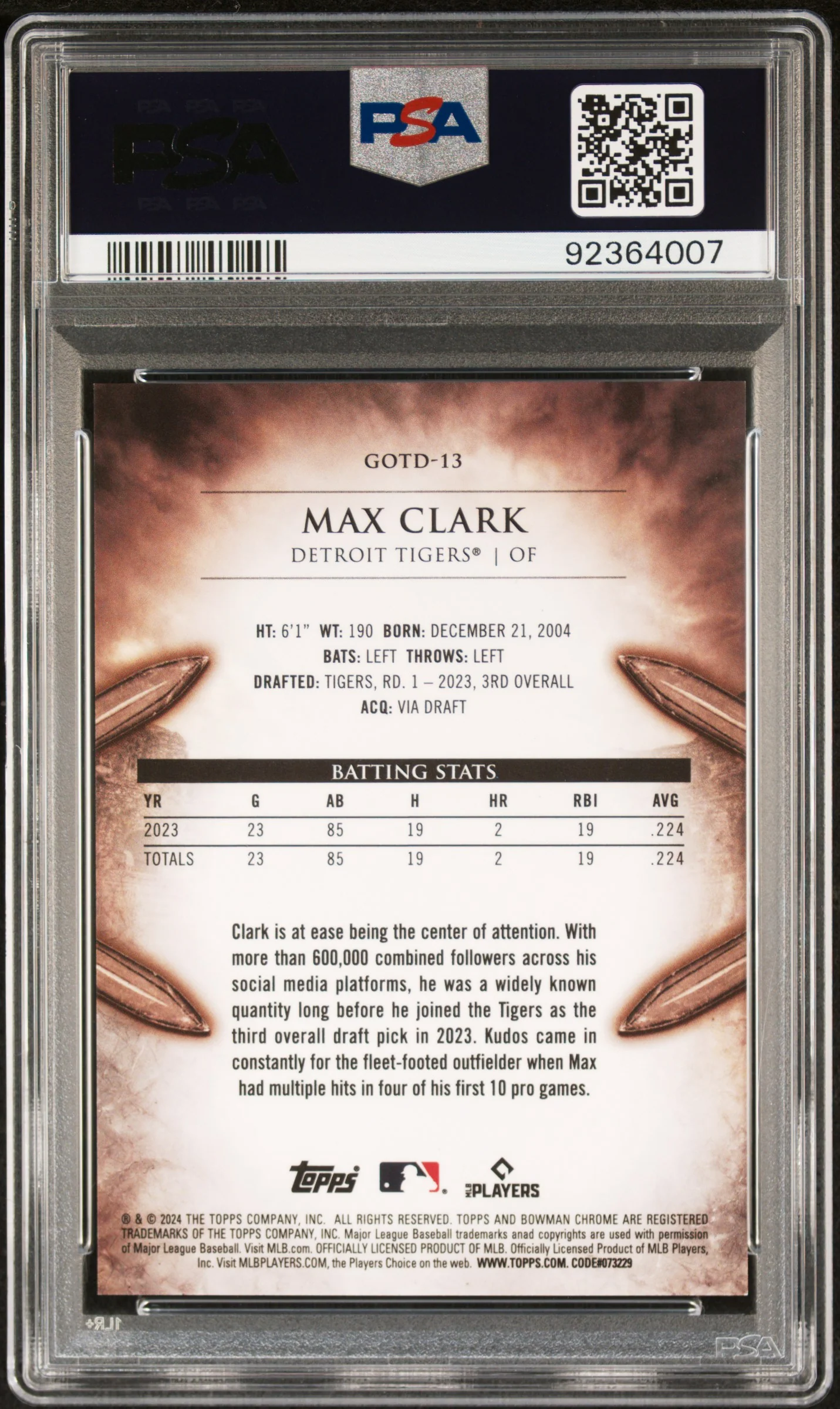 2024 Bowman Gladiators of the Diamond #GOTD13 Max Clark PSA 10 - Image 2