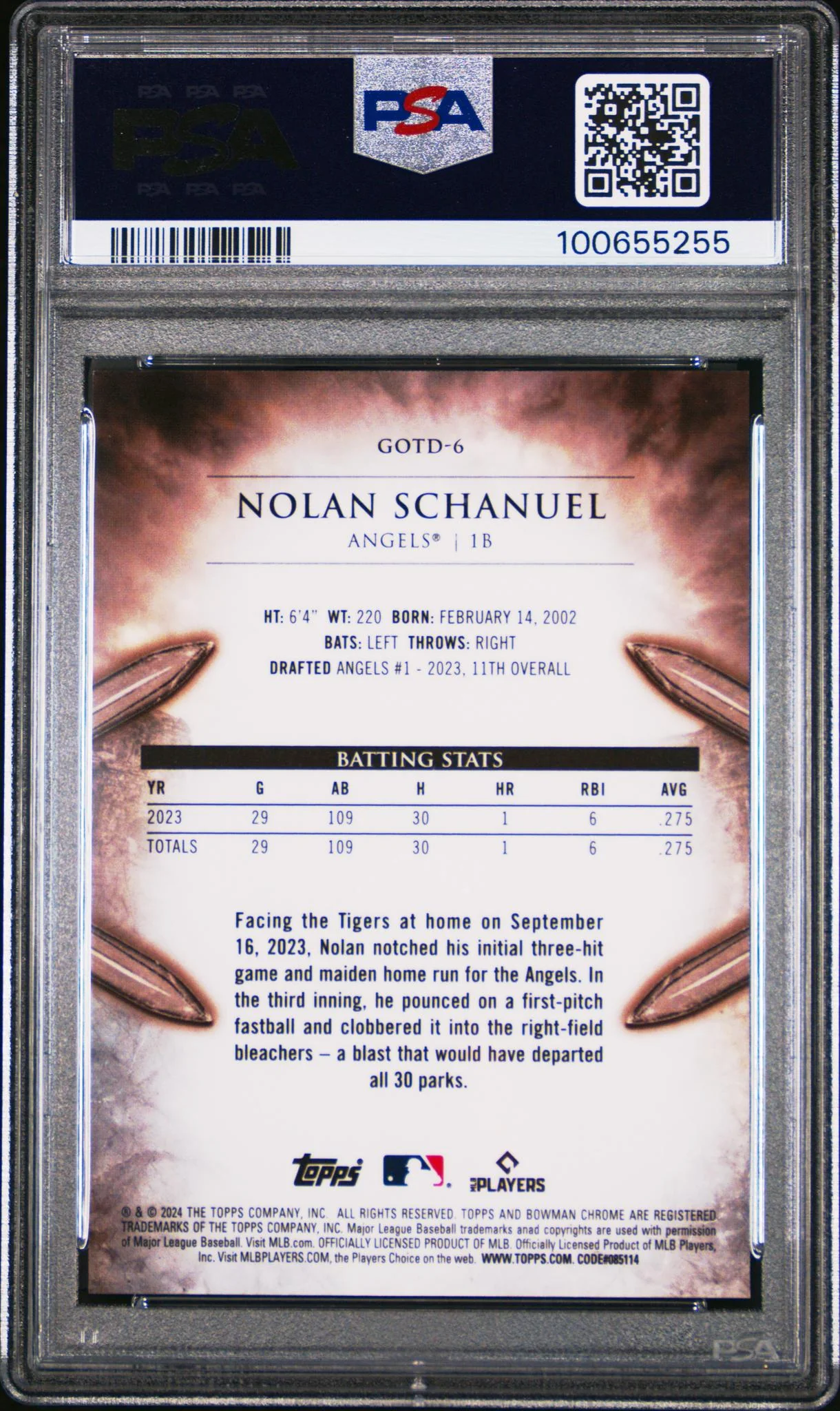 2024 Bowman Chrome Gladiators of the Diamond Gladiators/Dia-Gold Ref Nolan Schanuel #6 /50 PSA 9 - Image 2