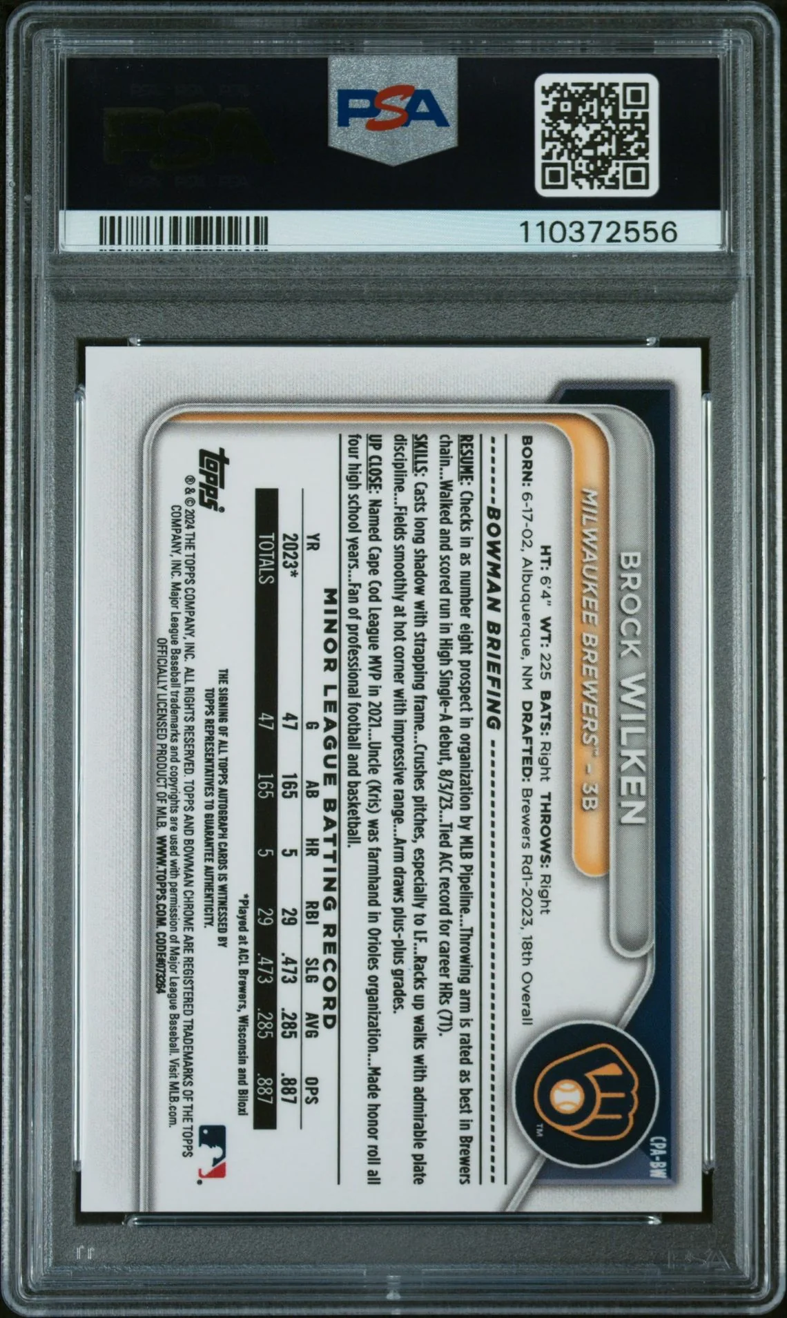 2024 Bowman Chrome Gold Shim Brock Wilken #CPA-BW Auto /50 PSA 9 - Image 2