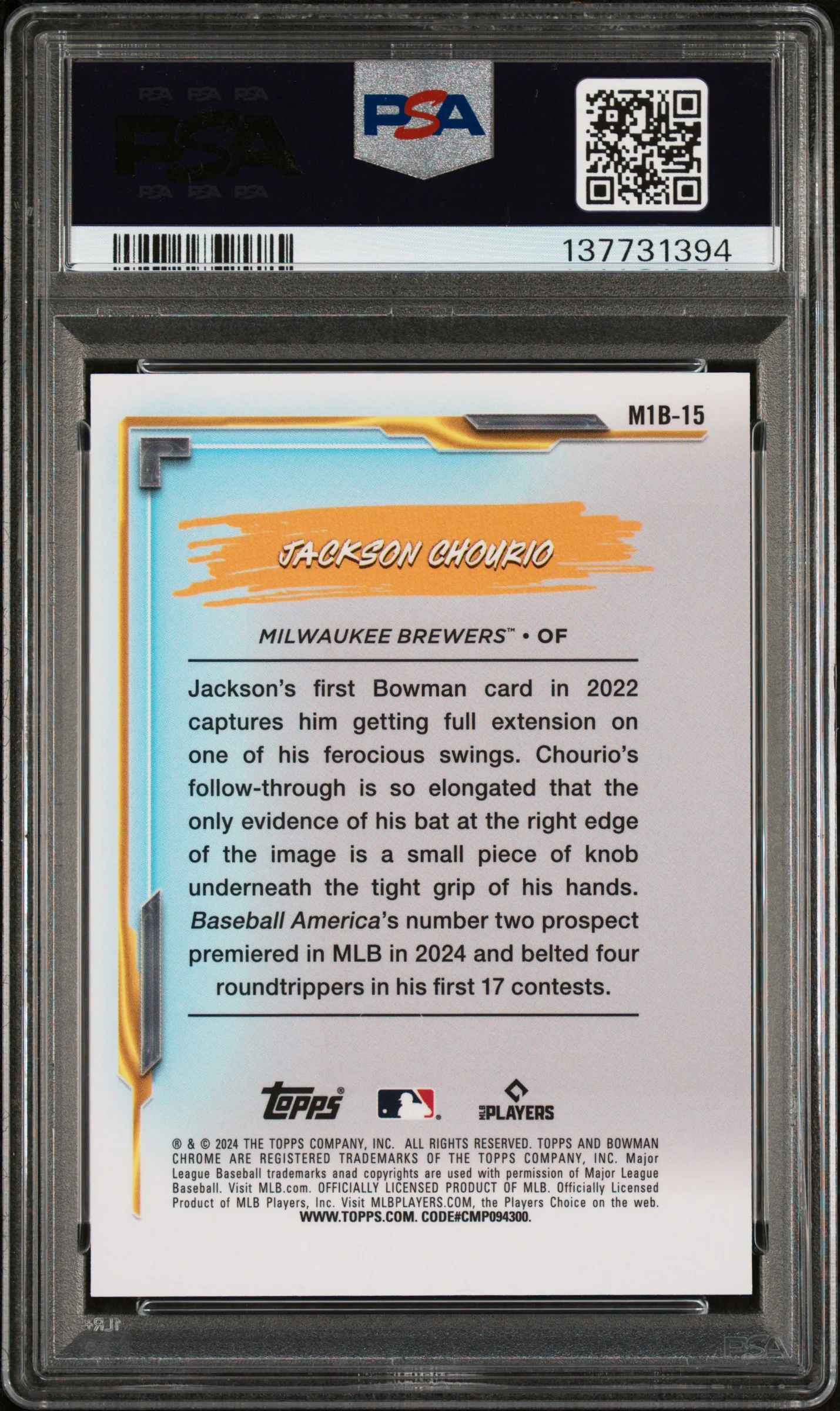 2024 Bowman Chrome Mega Box My 1st Bowman Blue Ref Jackson Chourio #15 /150 PSA 9 - Image 2