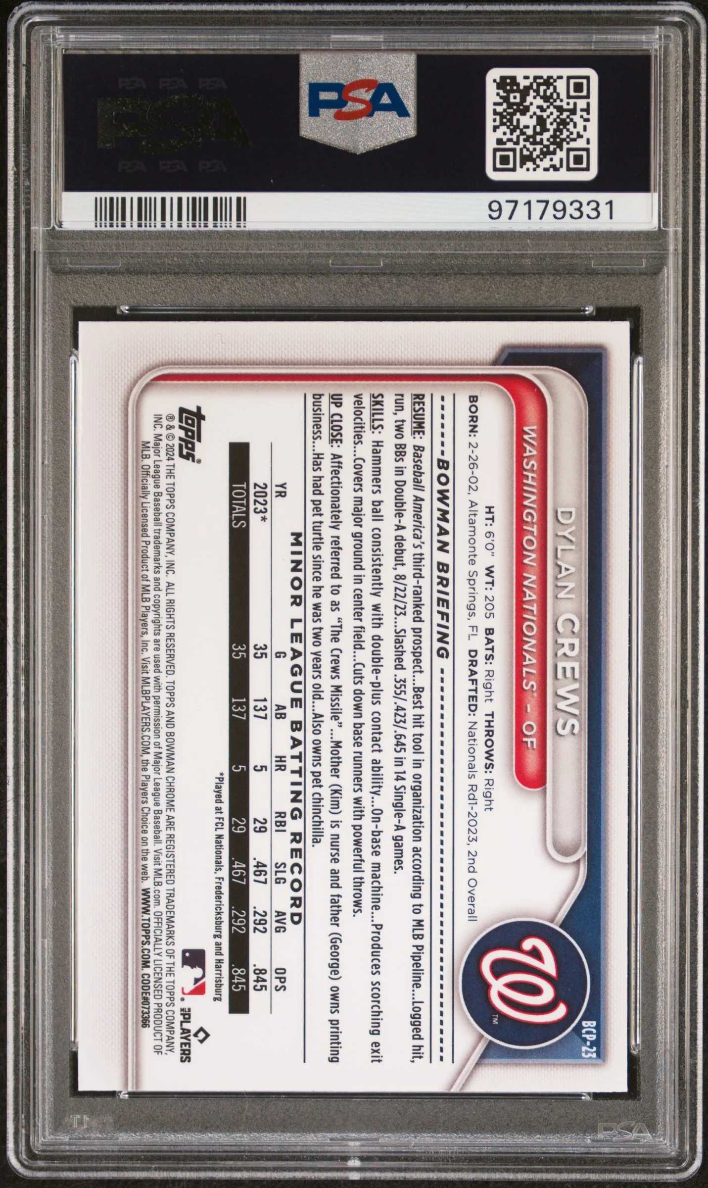 2024 Bowman Chrome Mega Box Prospect Dylan Crews #BCP-23 PSA 10 - Image 2