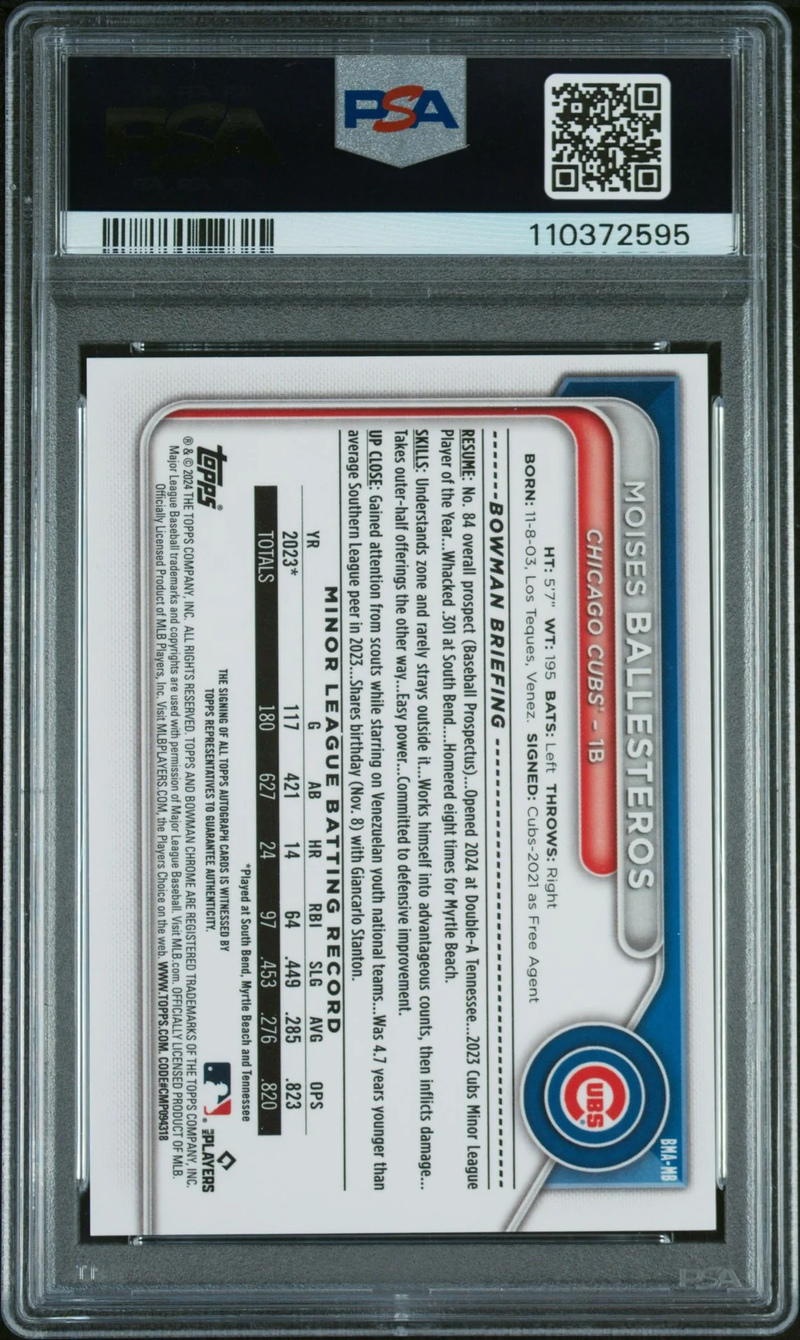 2024 Bowman Chrome Moises Ballesteros #MB Auto PSA 7 - Image 2