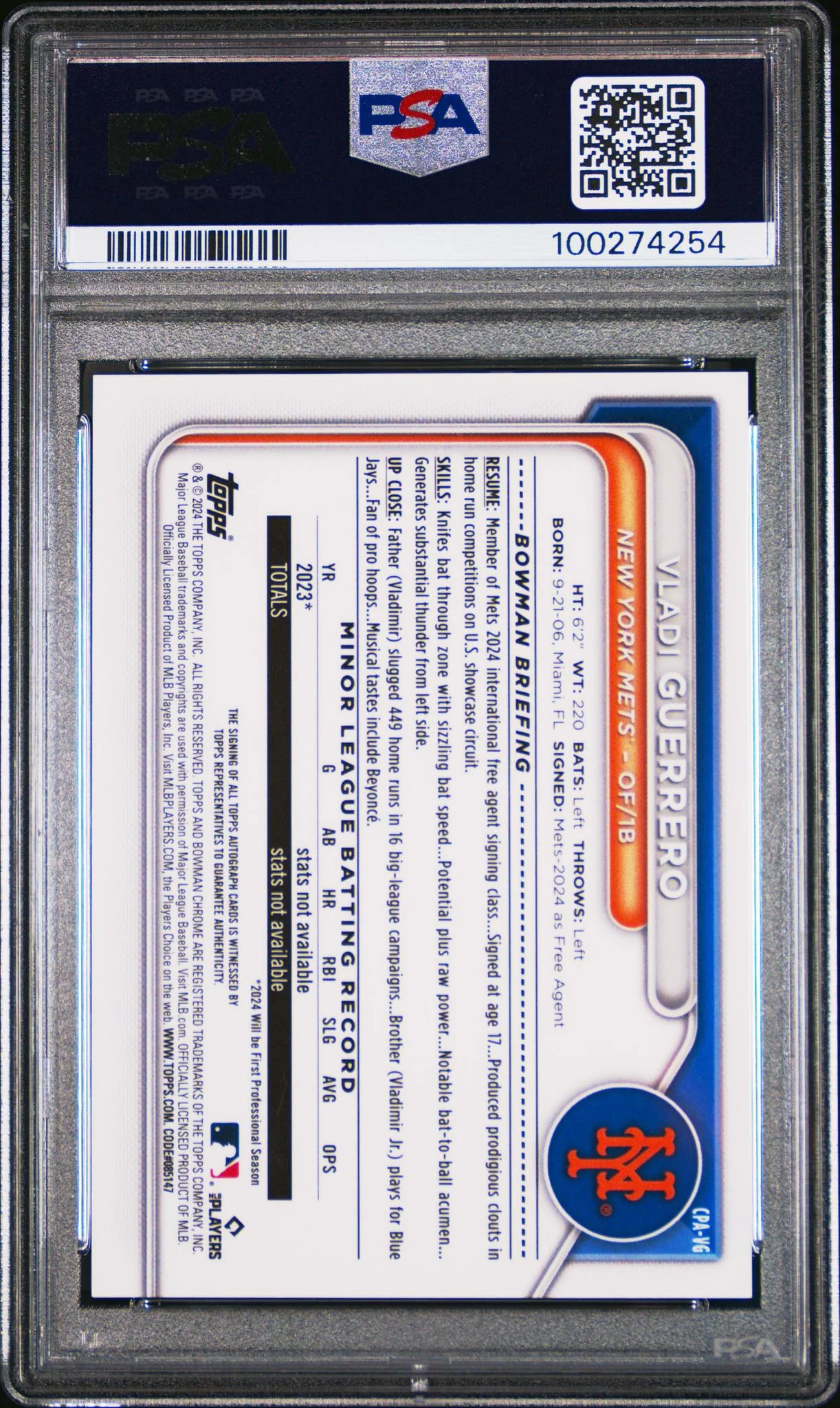2024 Bowman Chrome Orange Shimmer Vladi Guerrero #CPA-VG Auto /25 PSA 10 - Image 2