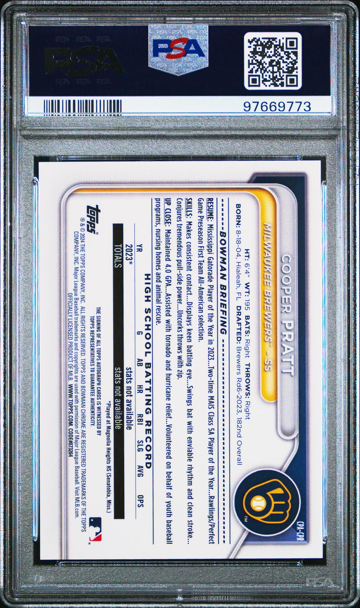 2024 Bowman Chrome Prospect Autograph Cooper Pratt #CPA-CPR Auto PSA 10 - Image 2