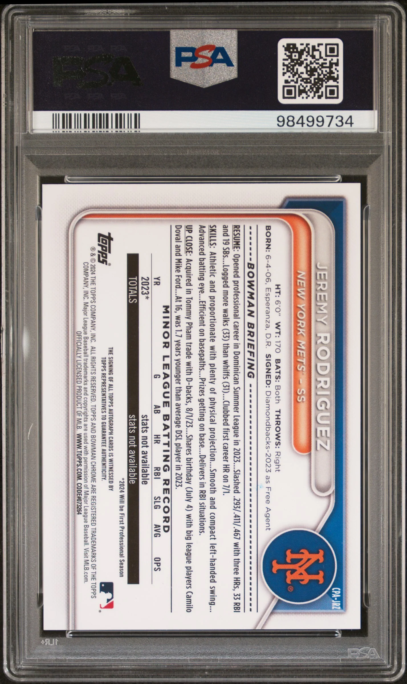 2024 Bowman Chrome Prospect Autograph Jeremy Rodriguez #CPAJRZ PSA 10 - Image 2