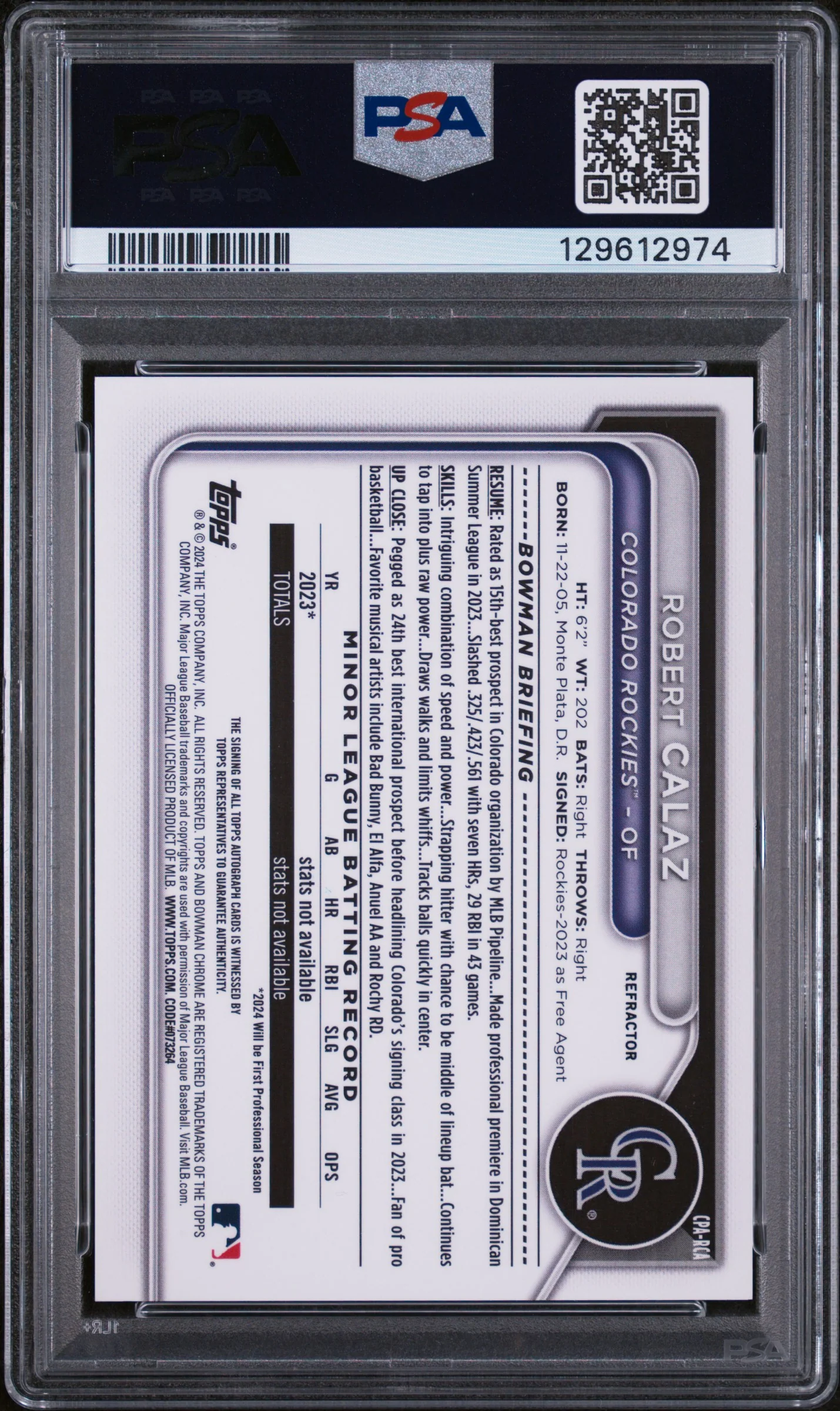 2024 Bowman Chrome Prospect Autograph Refractor Robert Calaz #CPARCA /499 PSA 9 - Image 2