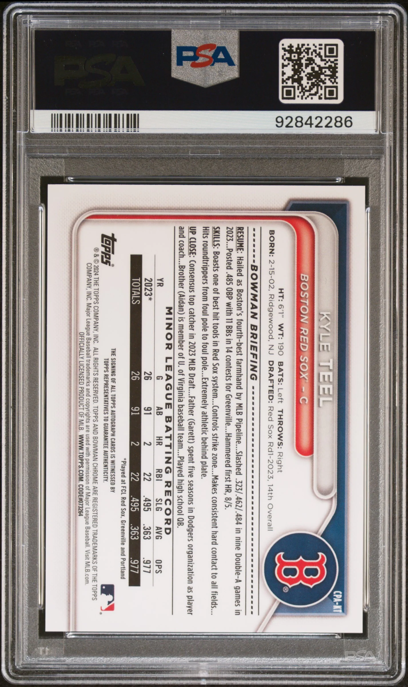 2024 Bowman Chrome Prospect Autographs Chr Prspct Au-Hta Choice Kyle Teel #CPAKT /150 PSA 10 - Image 2