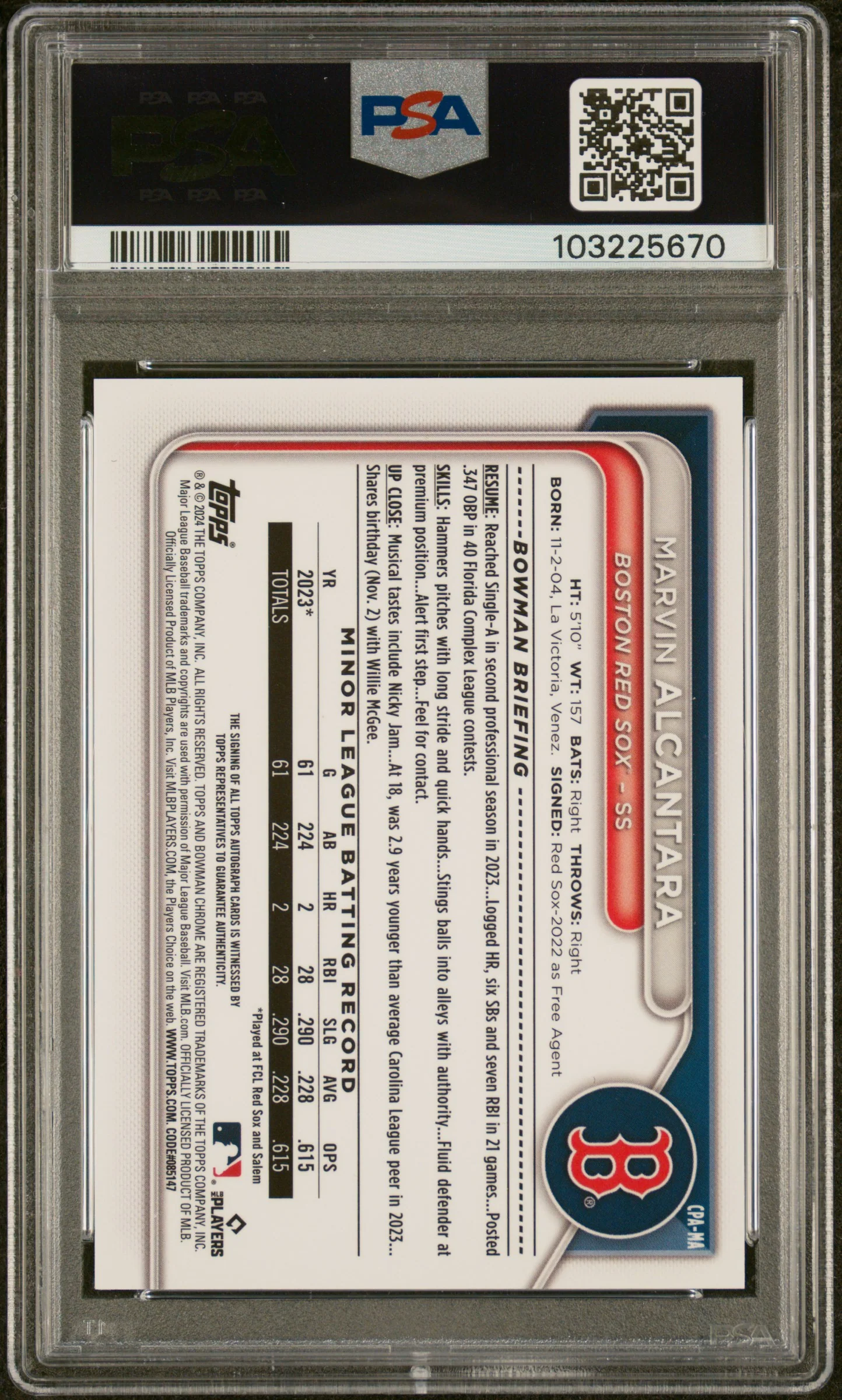 2024 Bowman Chrome Prospect Autographs #CPAMA Marvin Alcantara Prospect Au-Blue Raywave PSA 9 - Image 2