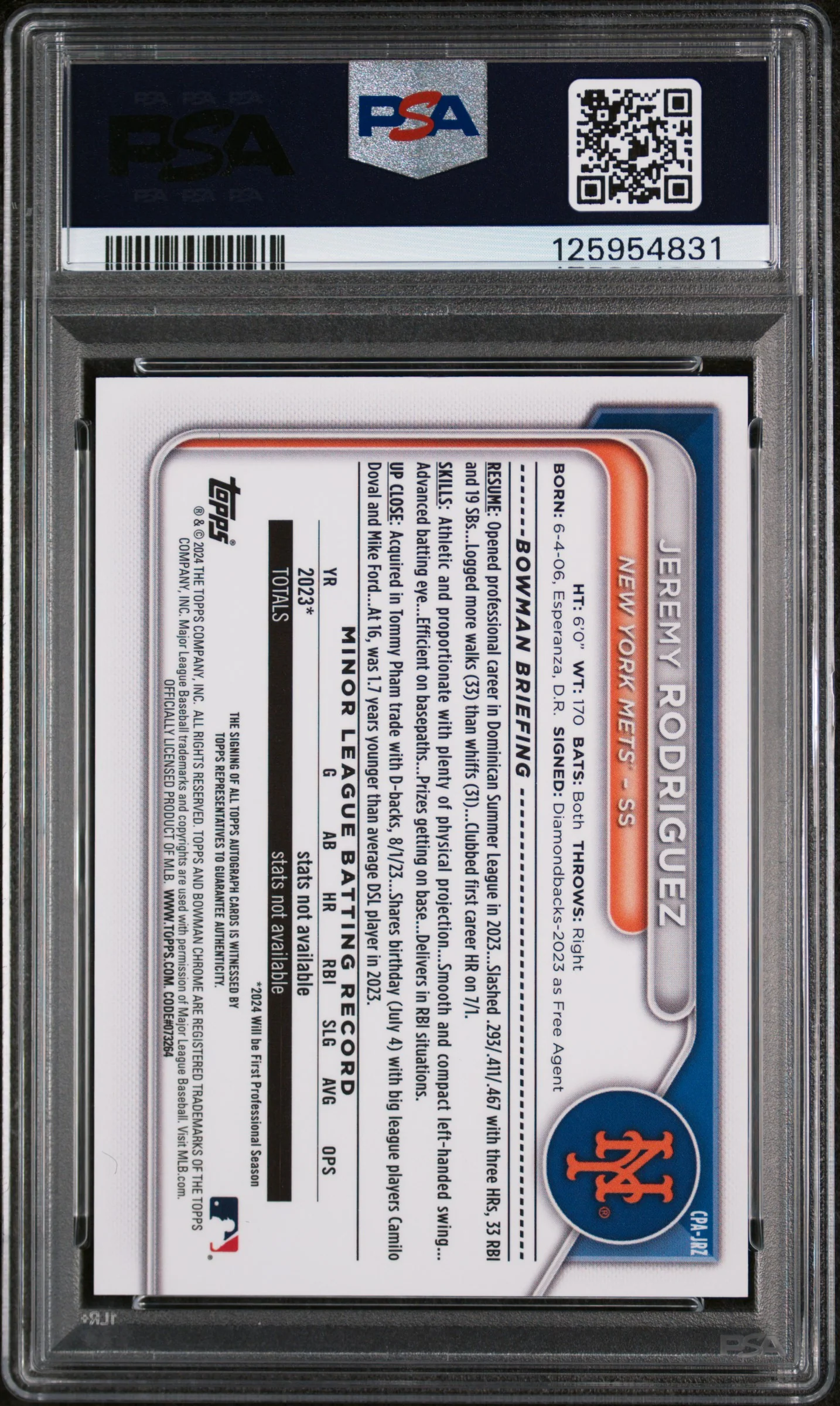 2024 Bowman Chrome Prospect Autographs Prospect Au-Green Lava Jermy Rodriguez #CPAJRZ /99 PSA 9 - Image 2