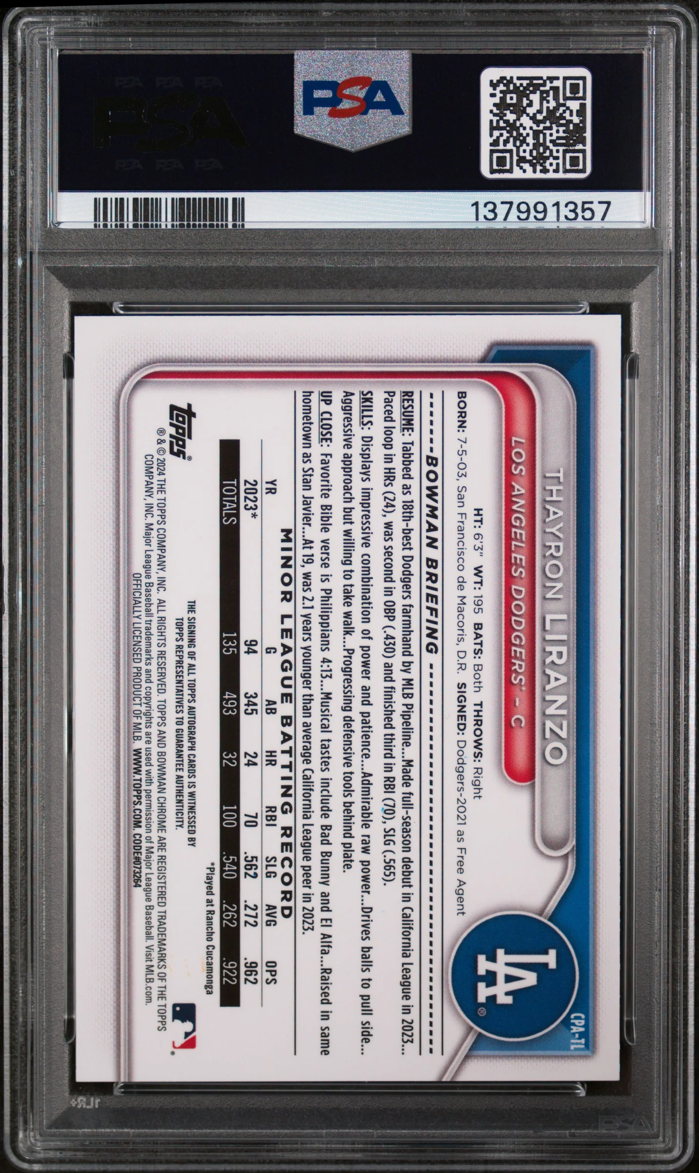 2024 Bowman Chrome Prospect Autographs Prospect Auto-Speckle Ref Thayron Liranzo #CPATL /299 PSA 10 - Image 2