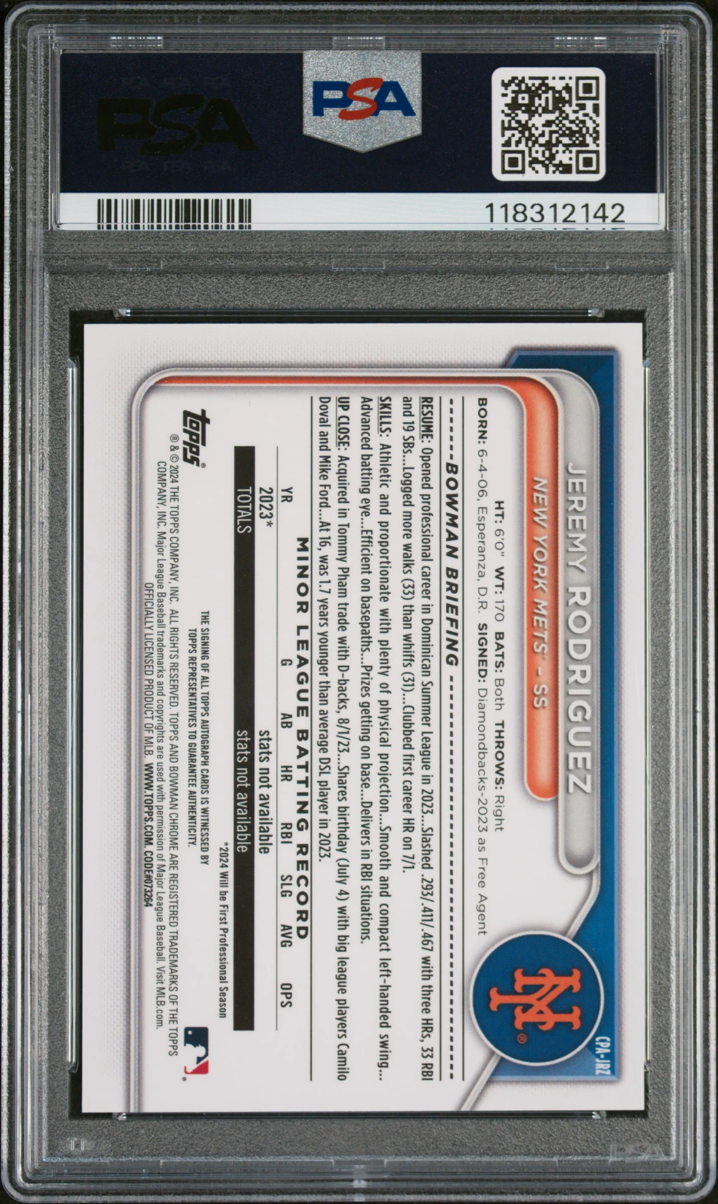 2024 Bowman Chrome Prospect Autographs Prospect Auto-Yellow Ref Jermy Rodriguez #CPAJRZ /75 PSA 10 - Image 2