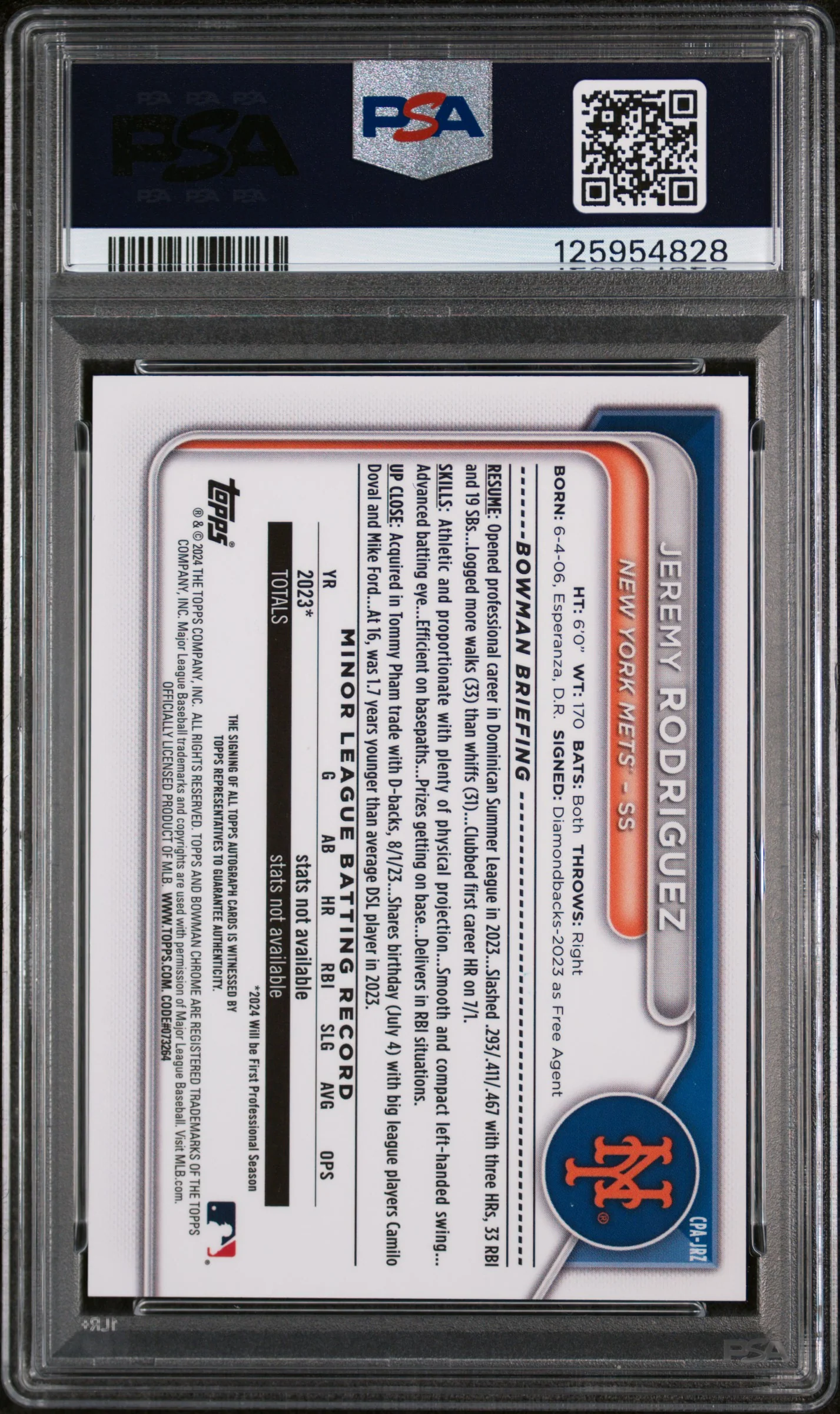 2024 Bowman Chrome Prospect Autographs Prspct Au-Mini Diamond Ref Jermy Rodriguez #CPAJRZ /100 PSA 8 - Image 2