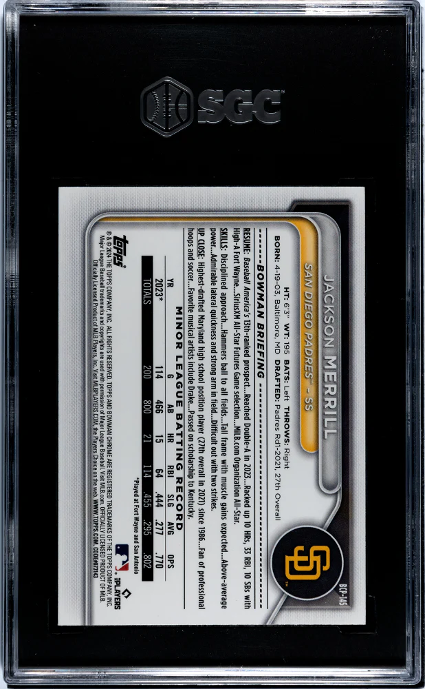 2024 Bowman Chrome Prospect Jackson Merrill #BCP-145 SGC 10 - Image 2