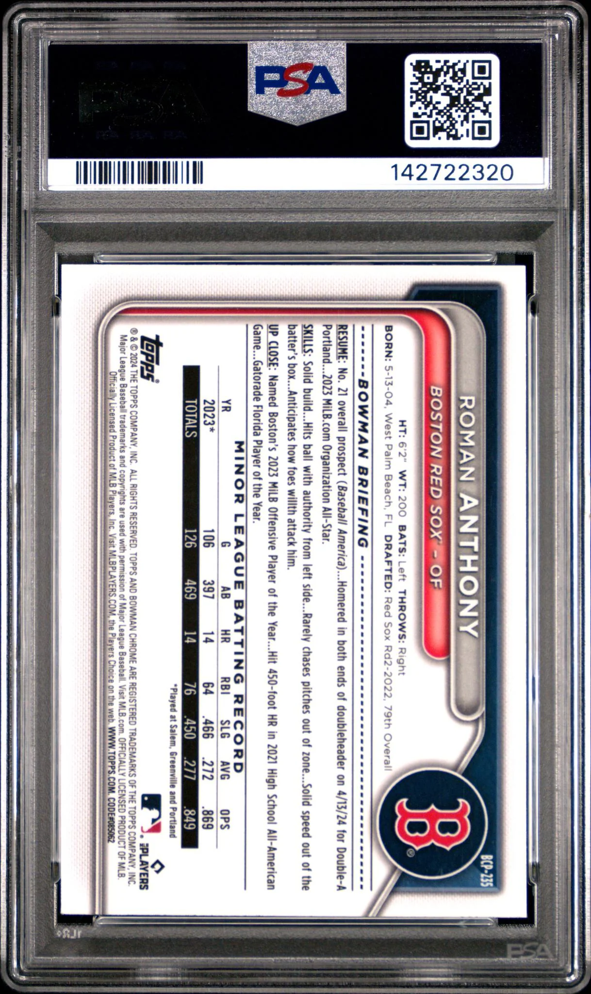 2024 Bowman Chrome Prospect Speckle Refractor Roman Anthony #BCP235 /299 PSA 9 - Image 2