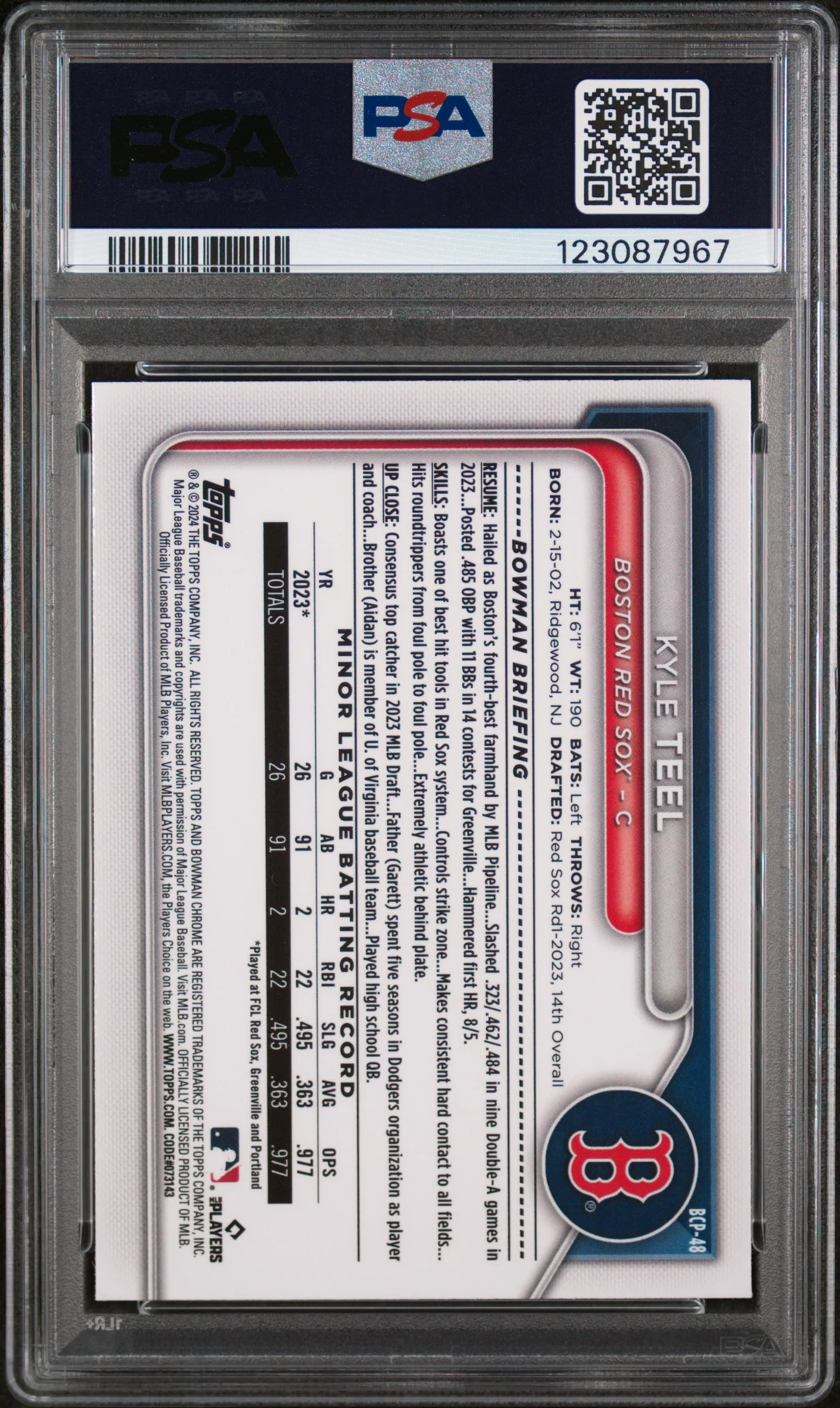 2024 Bowman Chrome Prospects Chr Prospects-Orange Ref Kyle Teel #BCP48 PSA 9 - Image 2