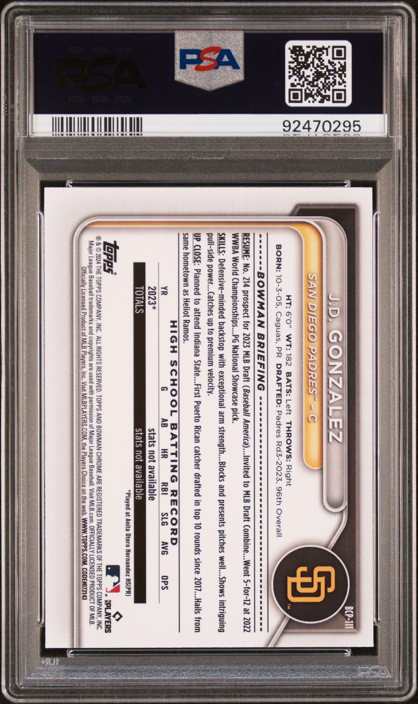 2024 Bowman Chrome Prospects Chr Prospects-Org Shimmer Jd Gonzalez #BCP111 /25 PSA 10 - Image 2