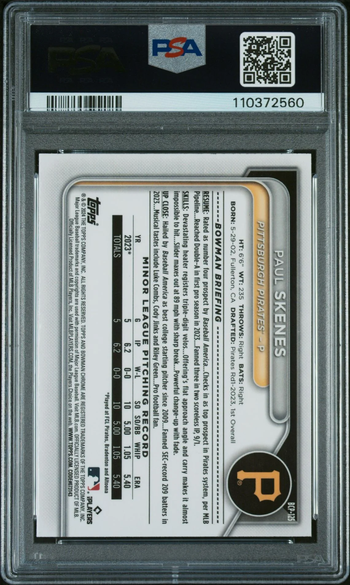 2024 Bowman Chrome Prospects Lava Paul Skenes #BCP125 /399 PSA 9 - Image 2