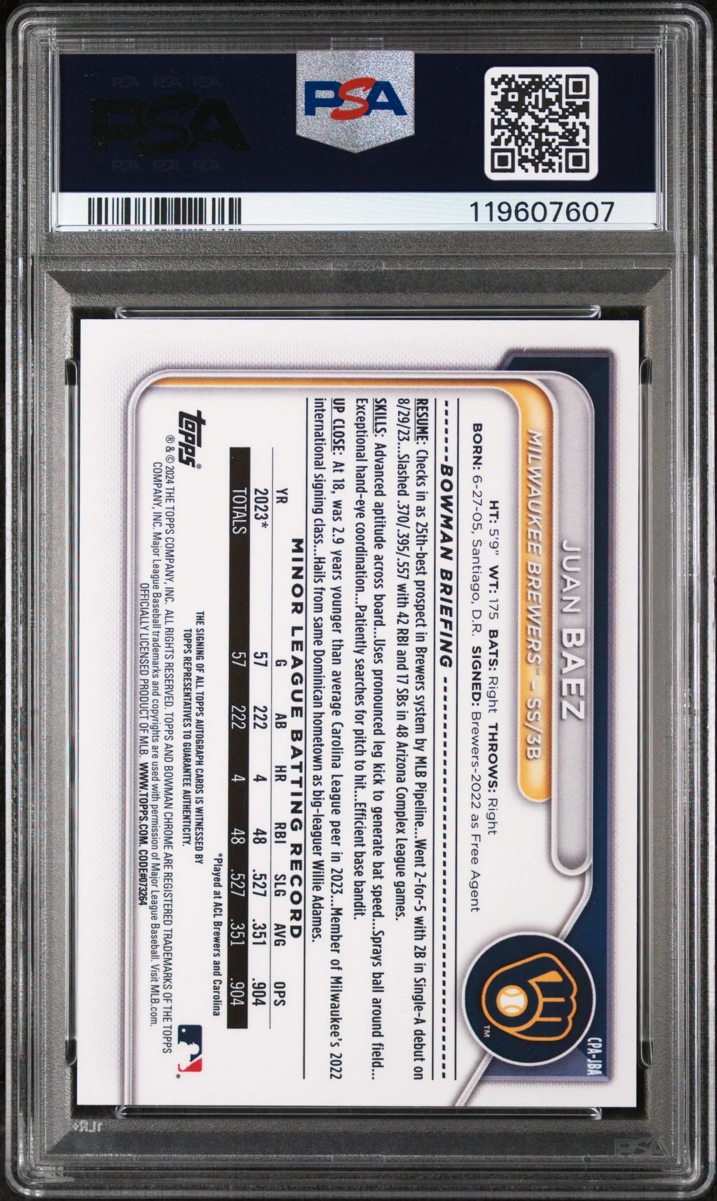 2024 Bowman Chrome Purple Refractor Juan Baez #CPAJBA Prospect Auto /250 PSA 9 - Image 2