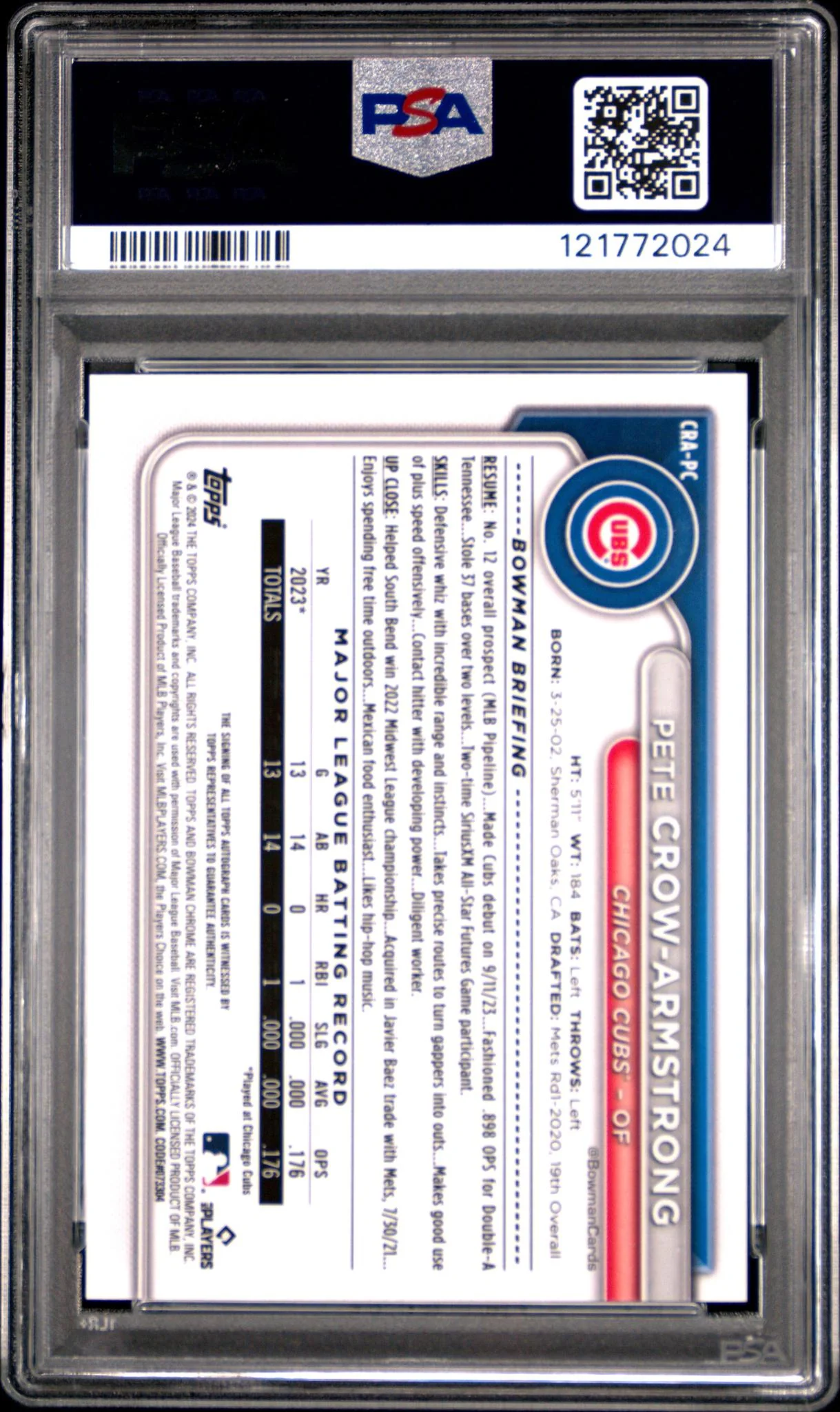 2024 Bowman Chrome Rookie Autograph Blue Refractor Pete Crow-Armstrong #CRAPC /150 PSA 10 - Image 2