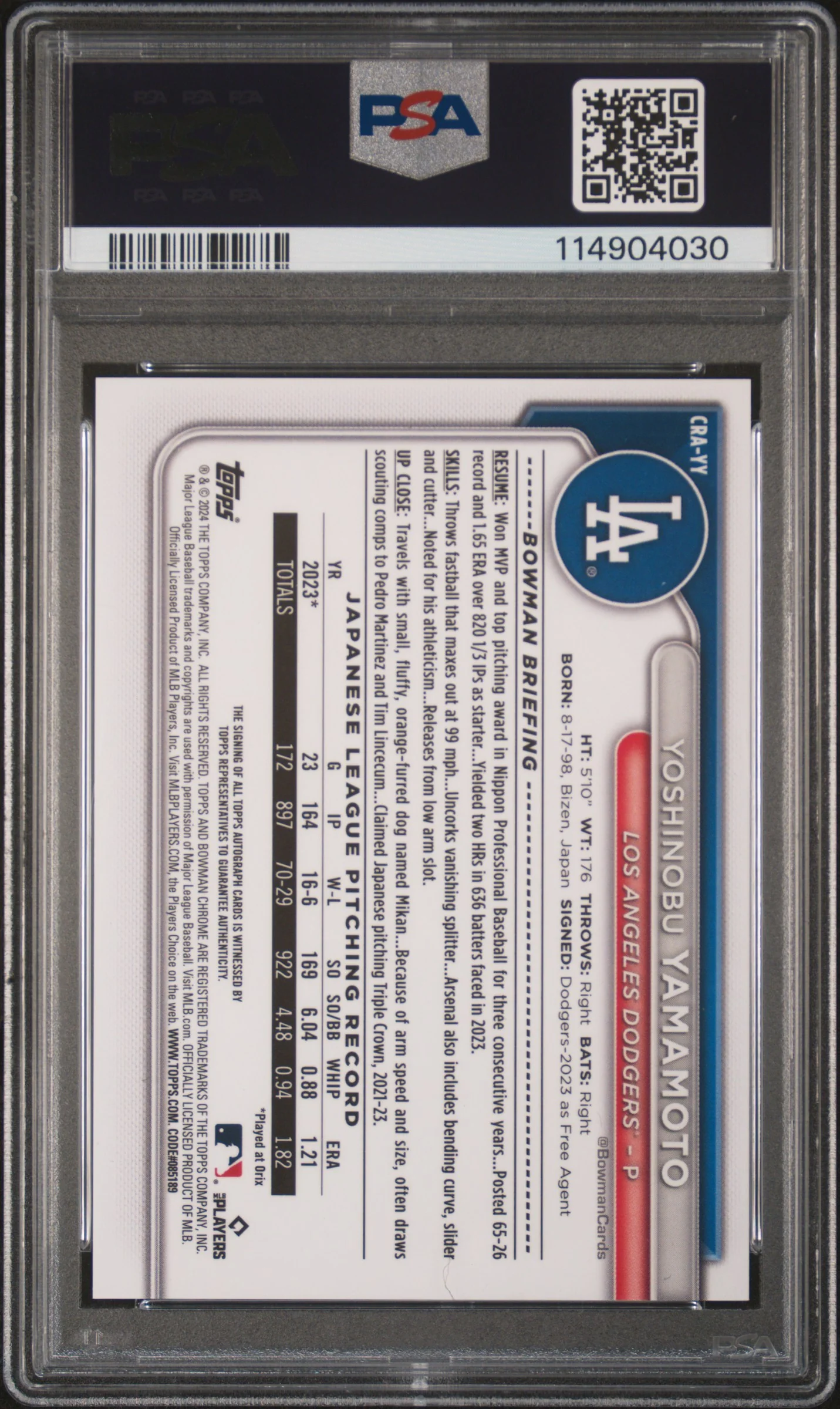2024 Bowman Chrome Rookie Autograph Yoshinobu Yamamoto #CRAYY PSA 9 - Image 2