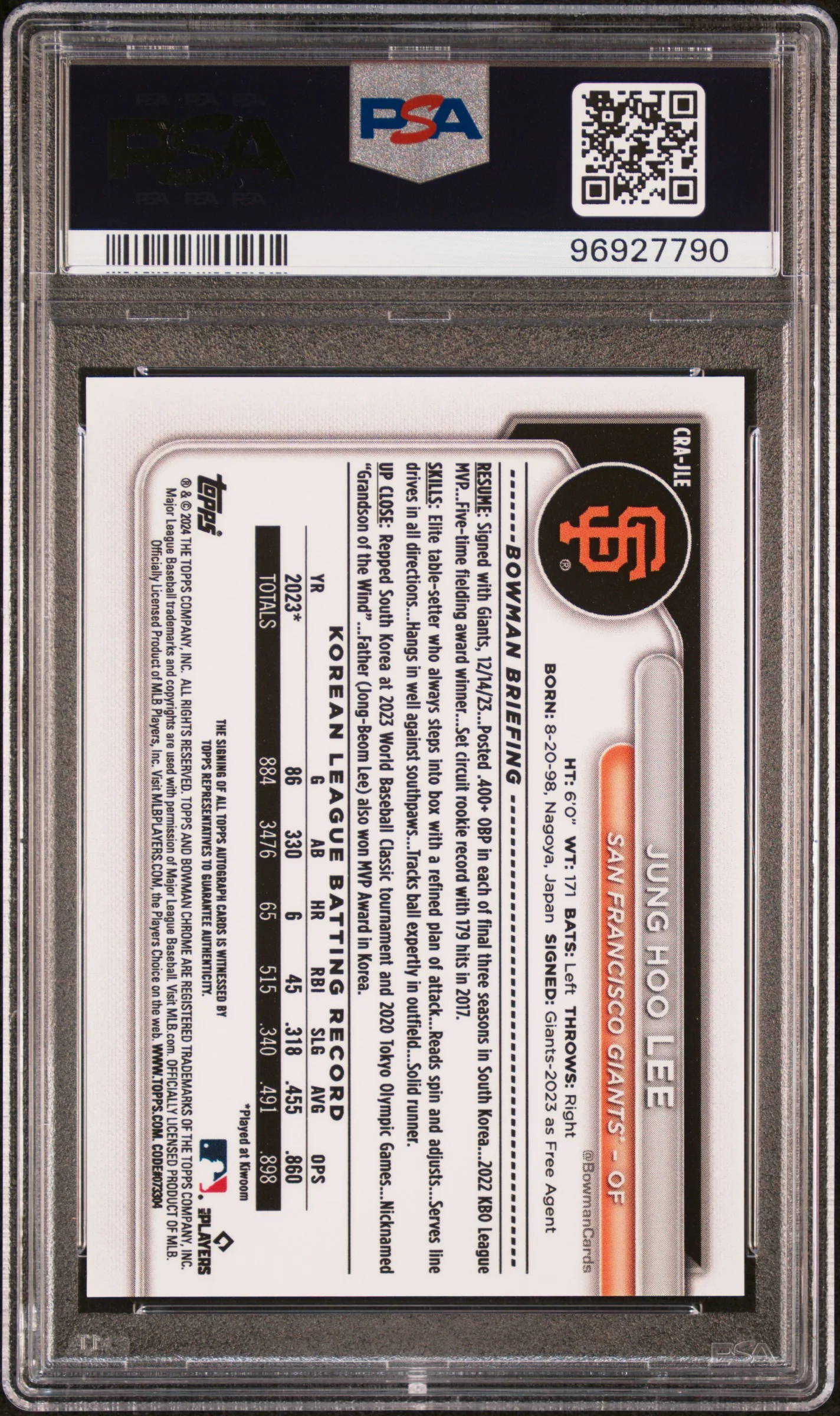 2024 Bowman Chrome Rookie Autographs Chrome Rookie Au-Blue Ref Jung Hoo Lee #CRAJLE /150 PSA 10 - Image 2