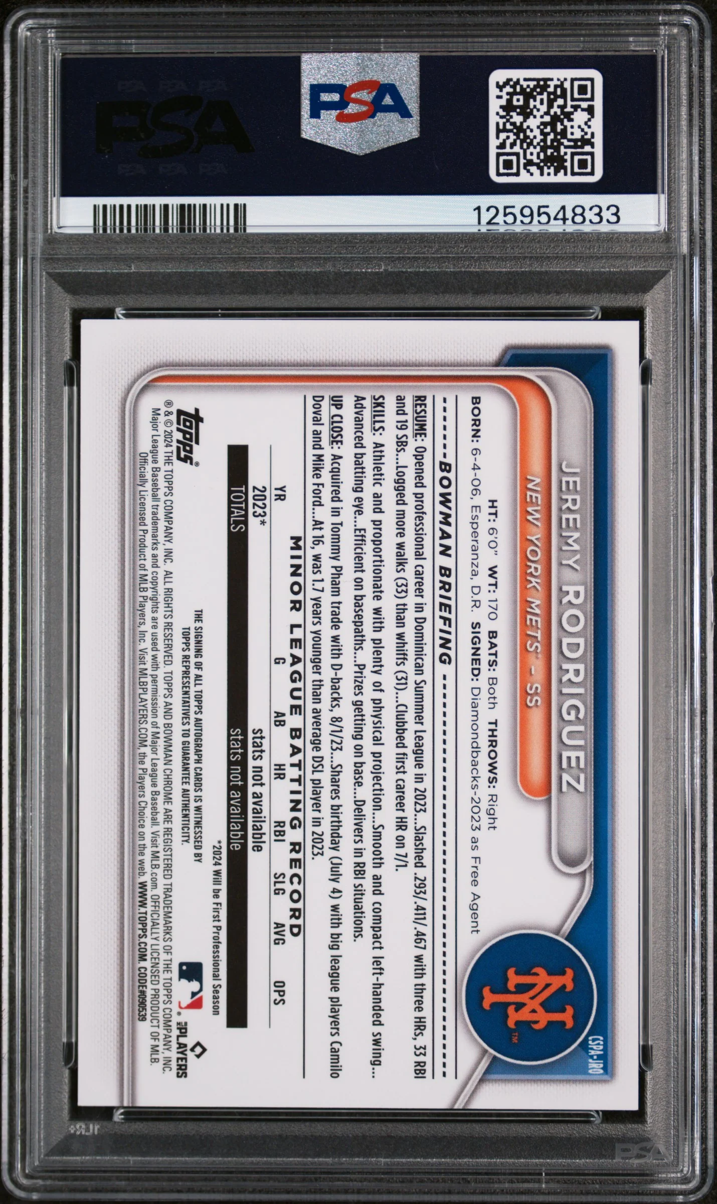 2024 Bowman Chrome Sapphire Edition Prospects Autographs Chrome Prospect Auto-Gold Jermy Rodriguez #JRO /50 PSA 10 - Image 2