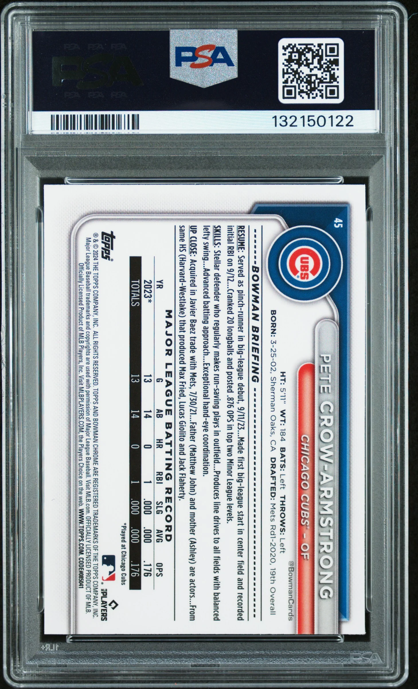 2024 Bowman Chrome Sapphire Pete Crow-Armstrong #45 PSA 10 - Image 2