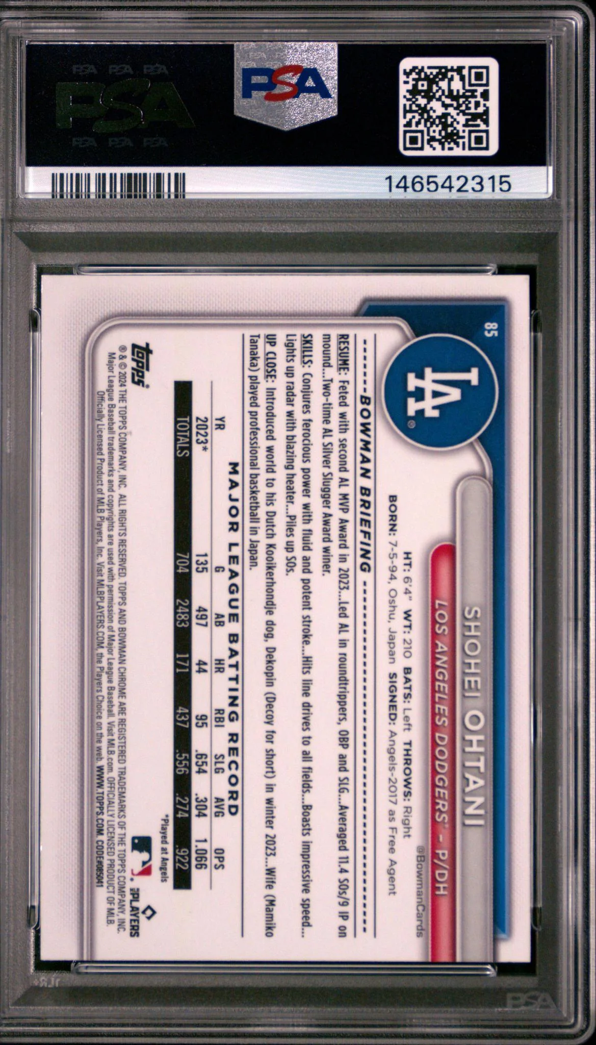 2024 Bowman Chrome Shohei Ohtani #85 PSA 9 - Image 2