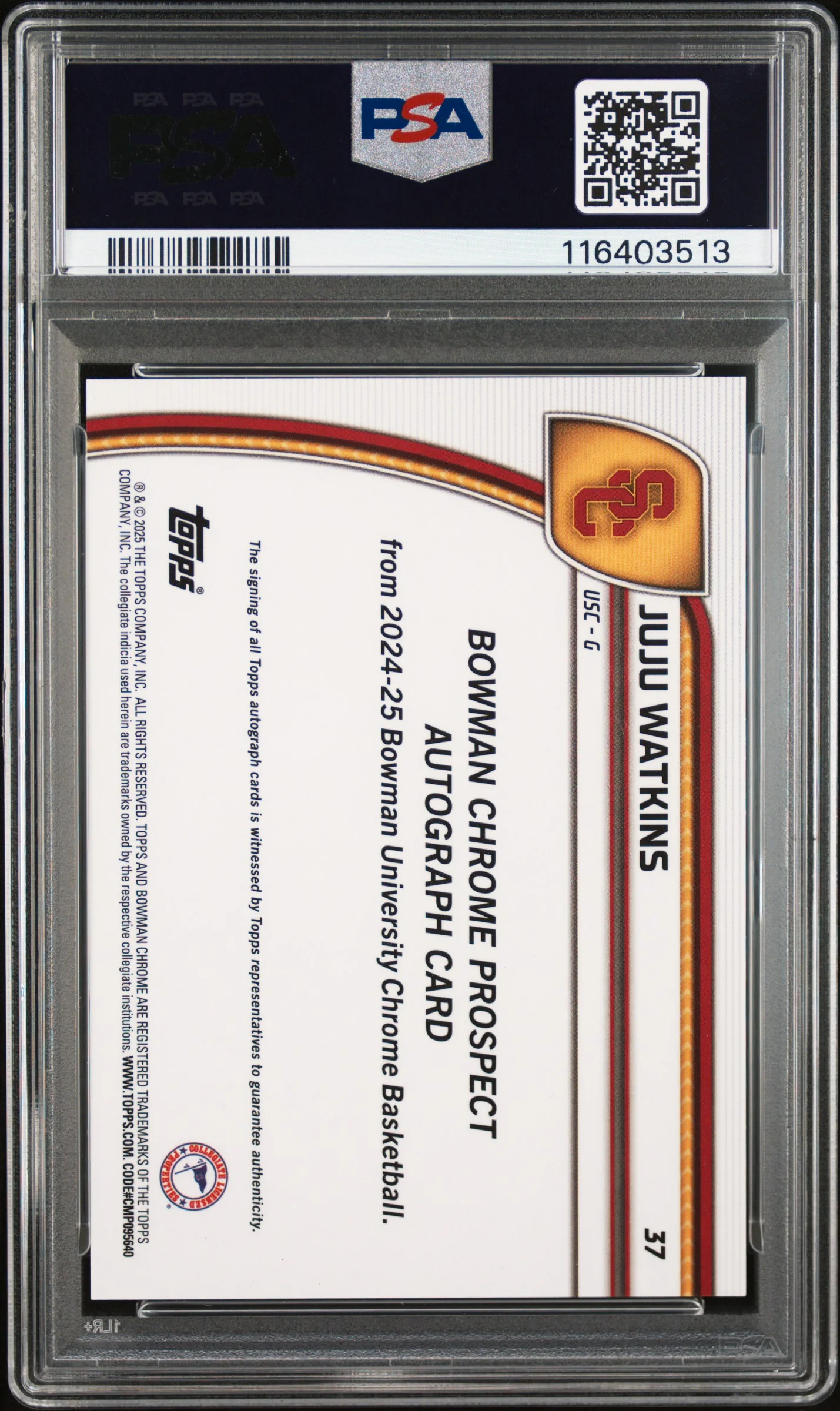 2024 Bowman Chrome University Autograph-Black & Gold Stealth Refractor Juju Watkins #37 /24 PSA 10 - Image 2