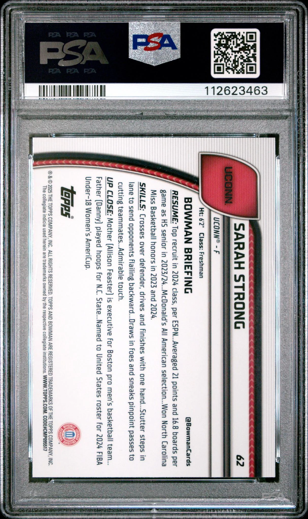 2024 Bowman Chrome University Sarah Strong #62 PSA 10 - Image 2