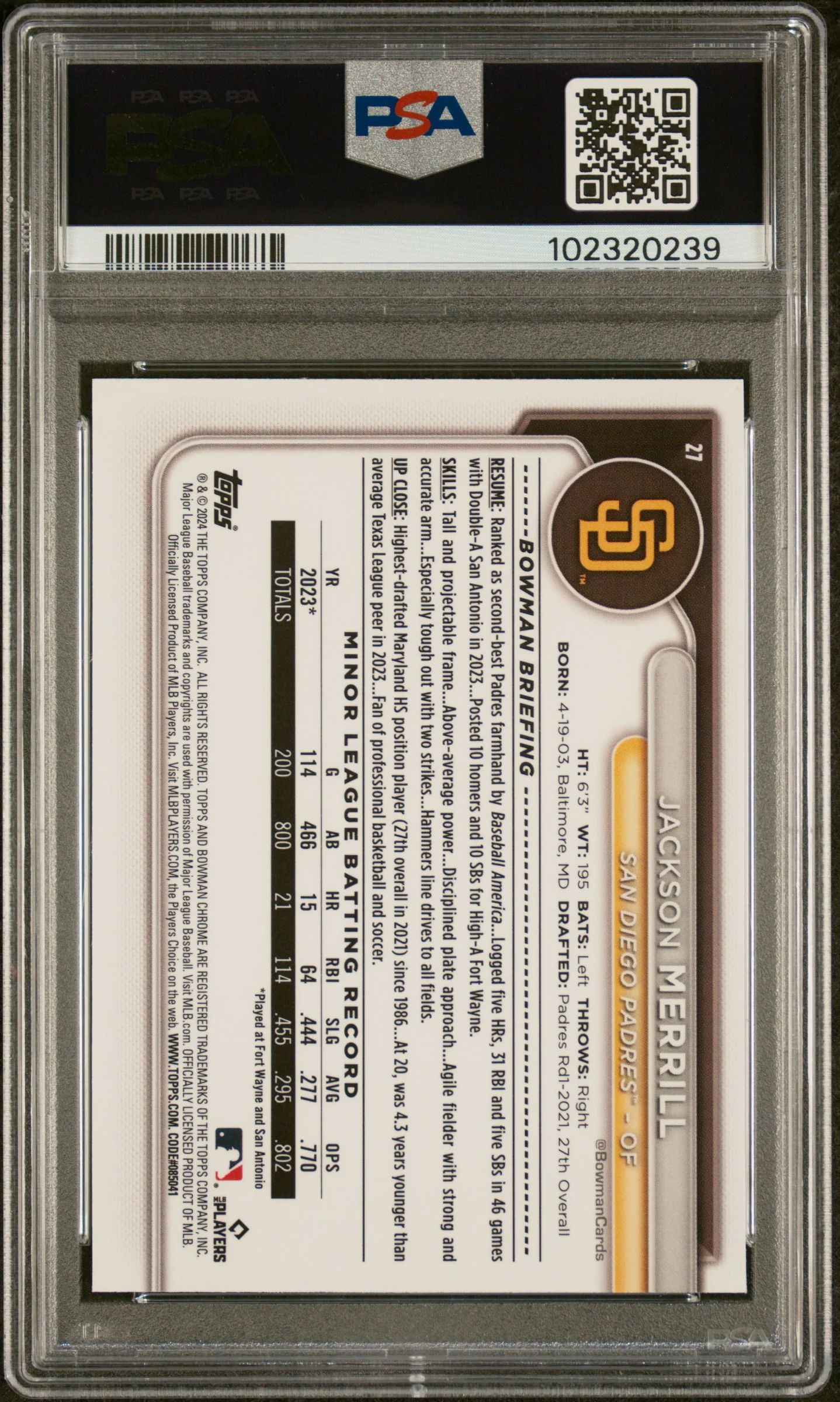 2024 Bowman Chrome Wave Refractor Jackson Merrill #27 PSA 9 - Image 2
