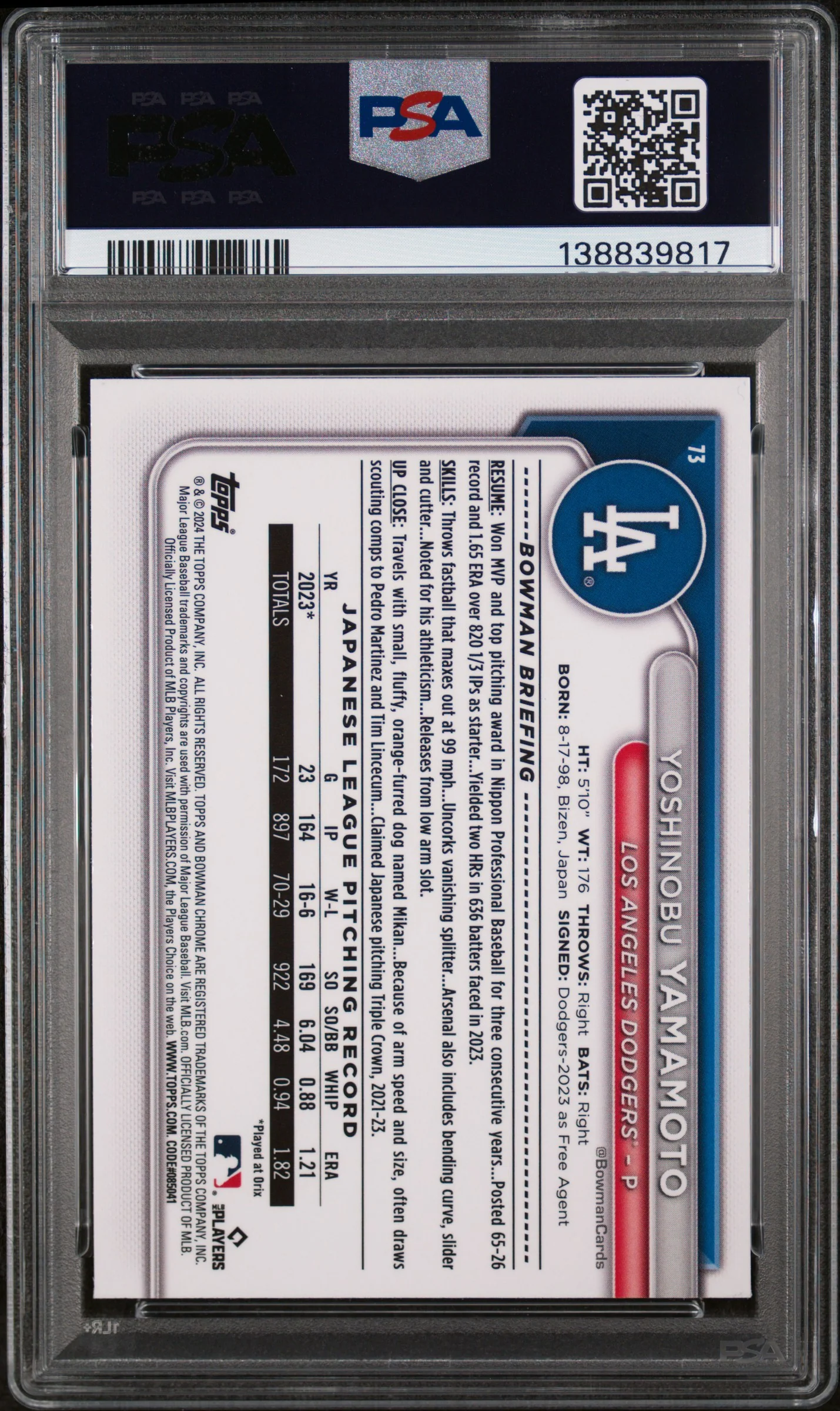 2024 Bowman Chrome Yoshinobu Yamamoto #73 PSA 9 - Image 2