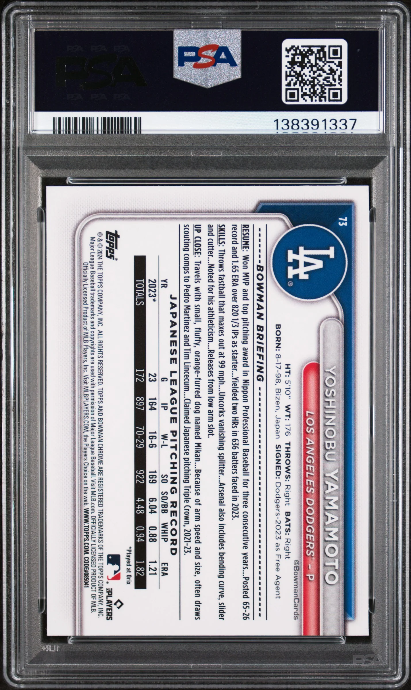 2024 Bowman Chrome Yoshinobu Yamamoto #73 PSA 9 - Image 2